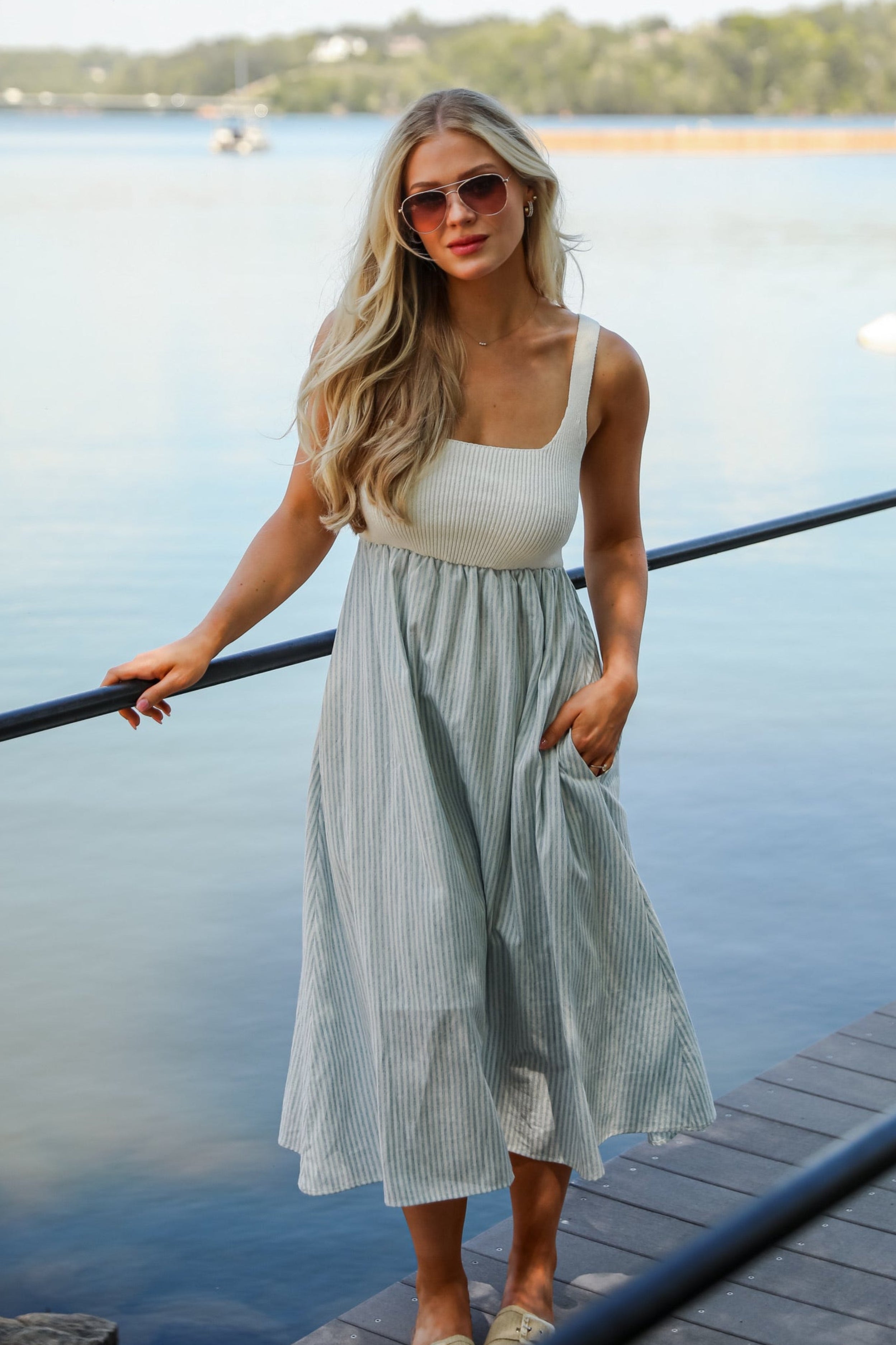 Off To The Shore Blue Striped Contrast Midi Dress