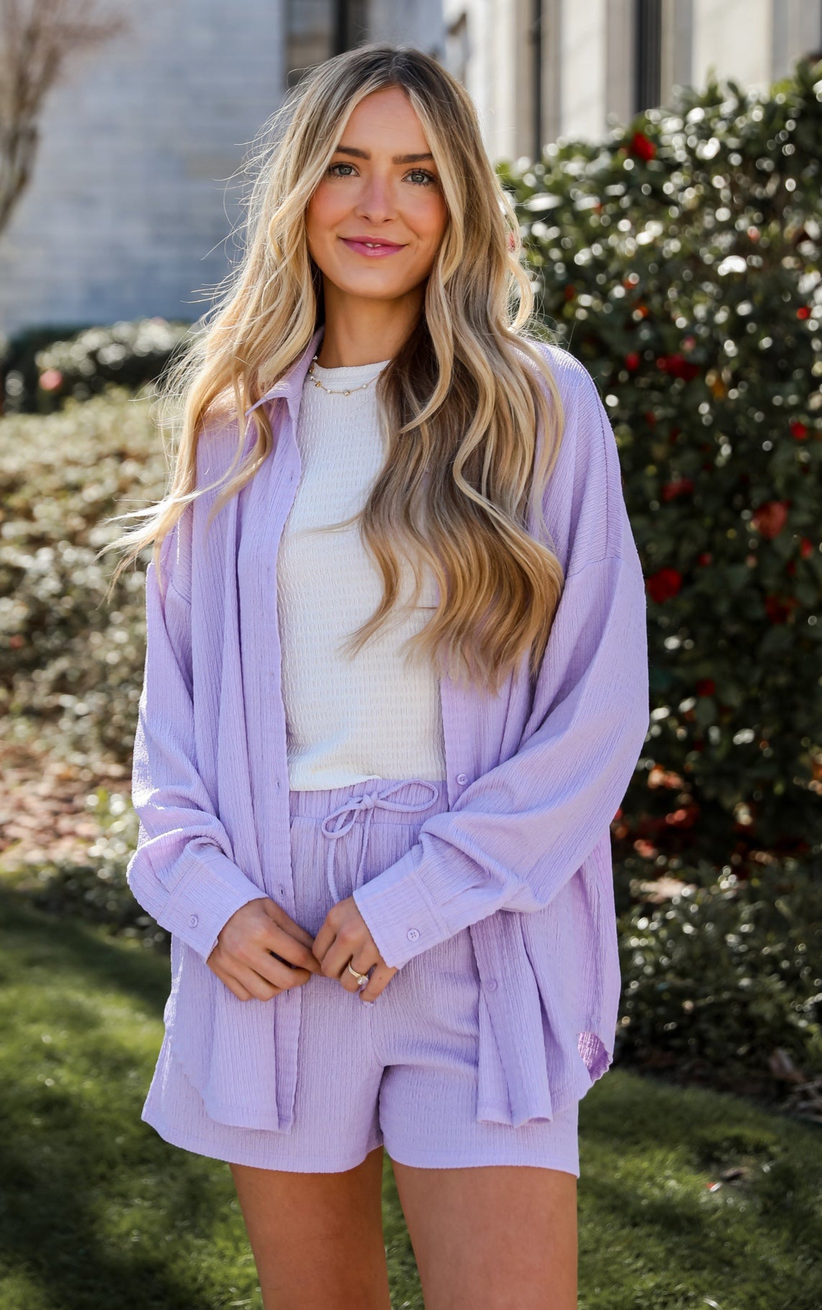 Moel wearing cute Lavender Smocked Shorts from Dress Up. Easy elastic shorts