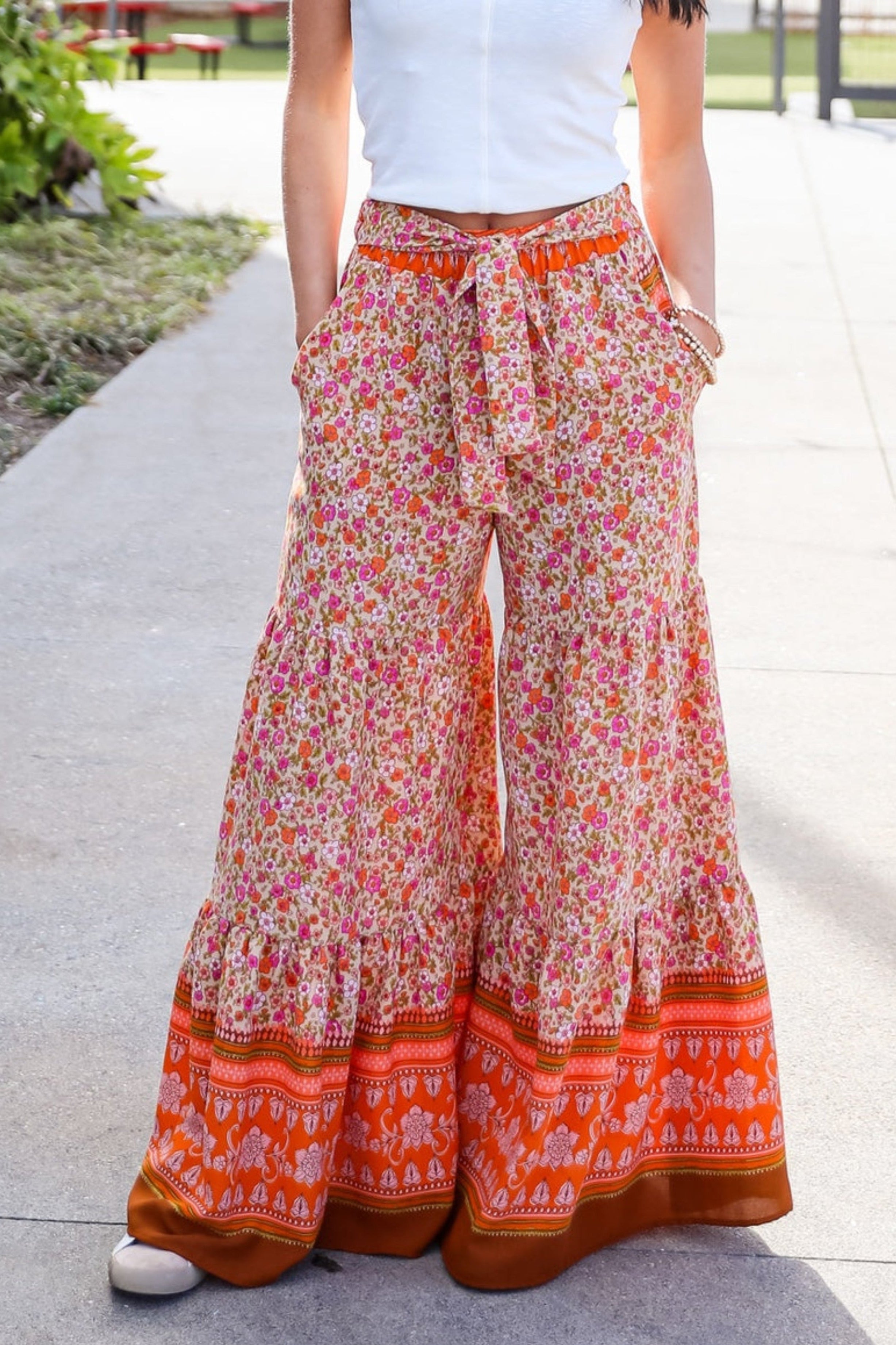 Trendsetting Choice Rust Floral Tiered Wide Leg Pants