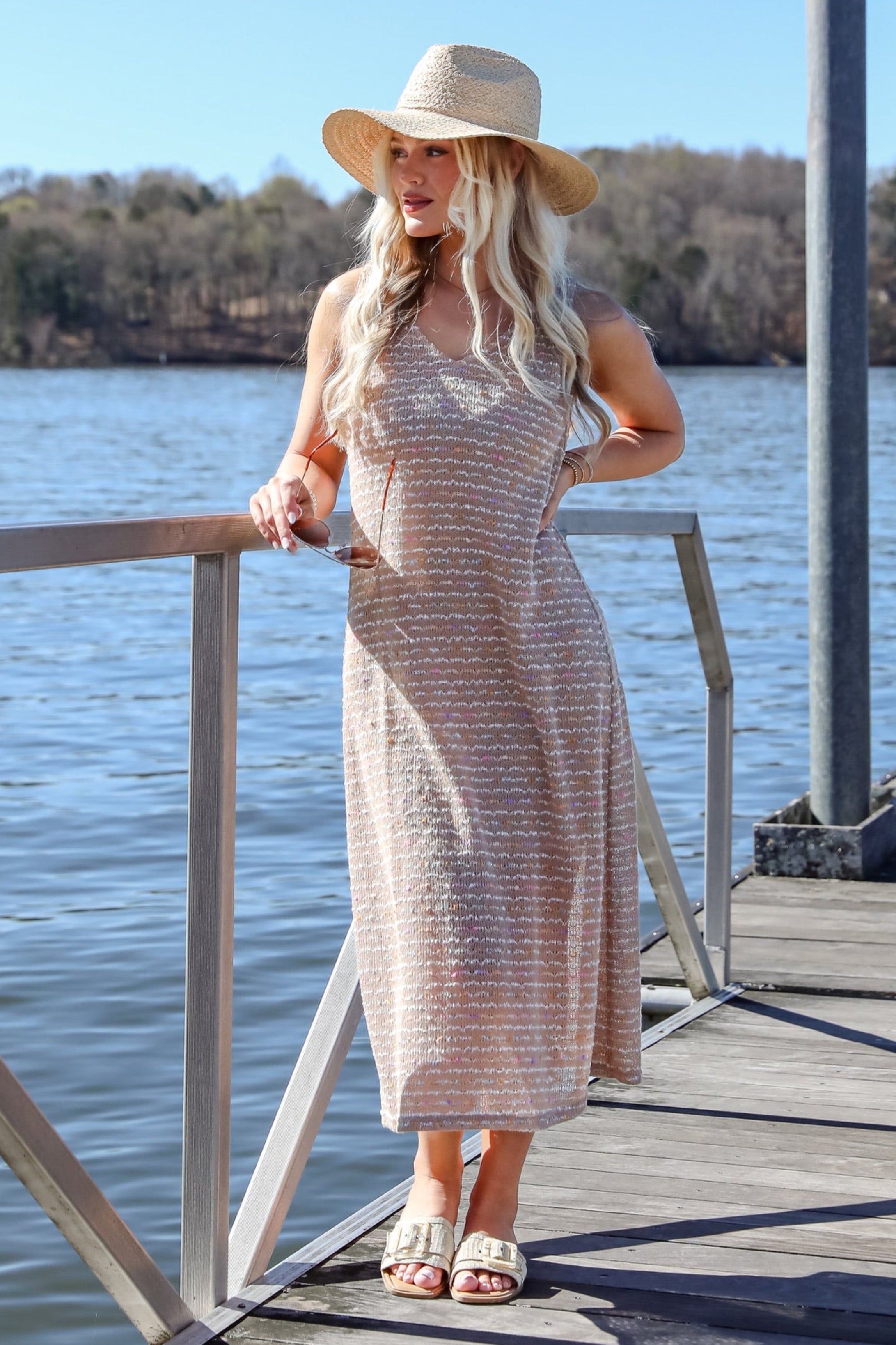 Sunset Vibes Mocha Crochet Knit Midi Dress