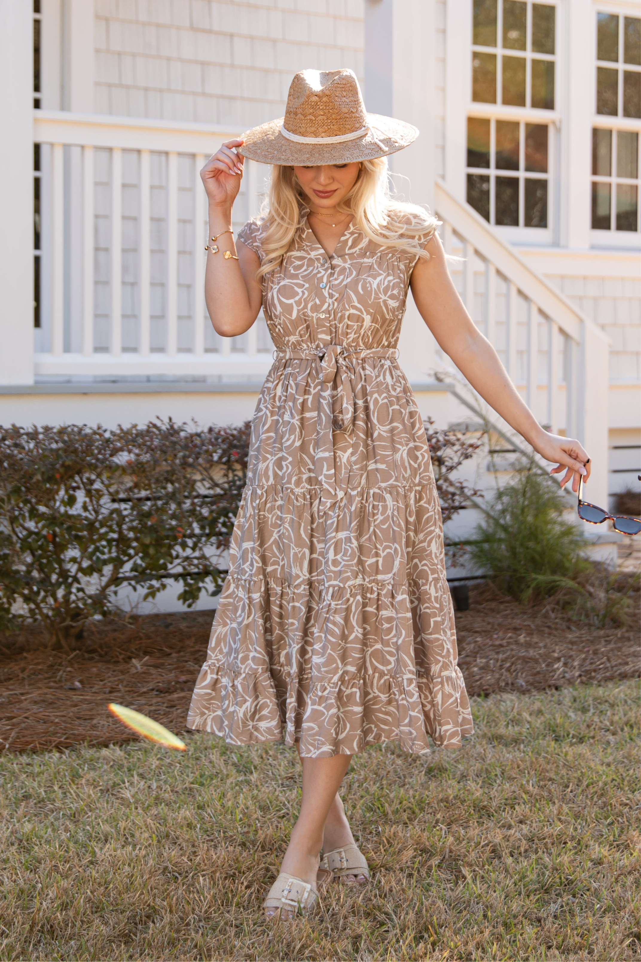 Living Easy Floral Taupe Midi Dress