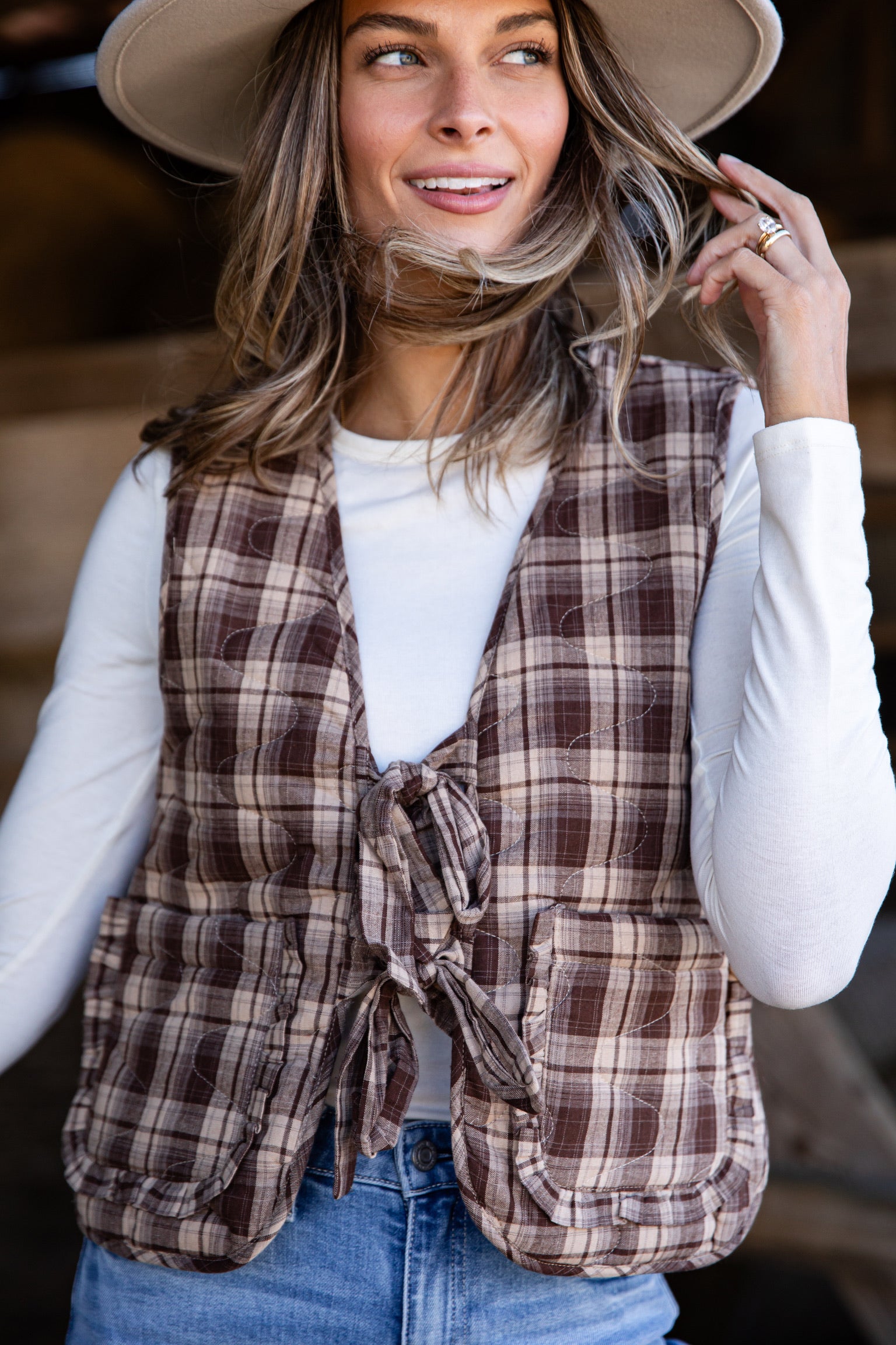 Feel The Radiance Brown Plaid Quilted Tie Vest