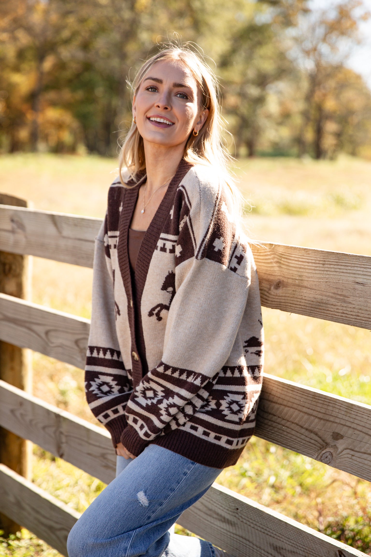 Trail Ride Taupe Horse Sweater Cardigan