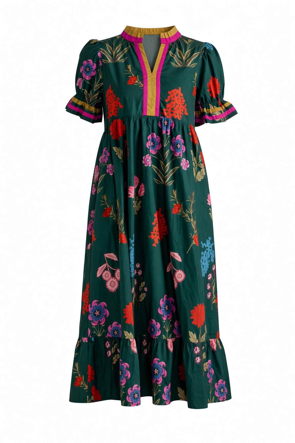 A dark green midi dress with a vibrant multicolor floral print, featuring puff sleeves, a split neckline with pink and gold trim, and a tiered ruffle hem.