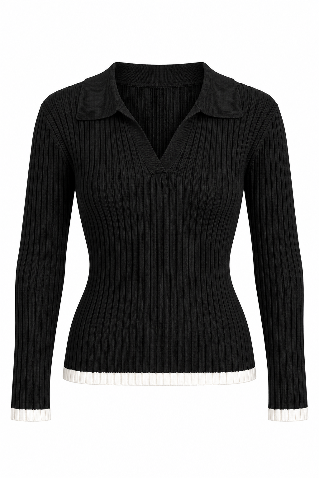 A black ribbed knit polo sweater with a collar and white contrast trim at the hem and cuffs, shown on a plain white background.