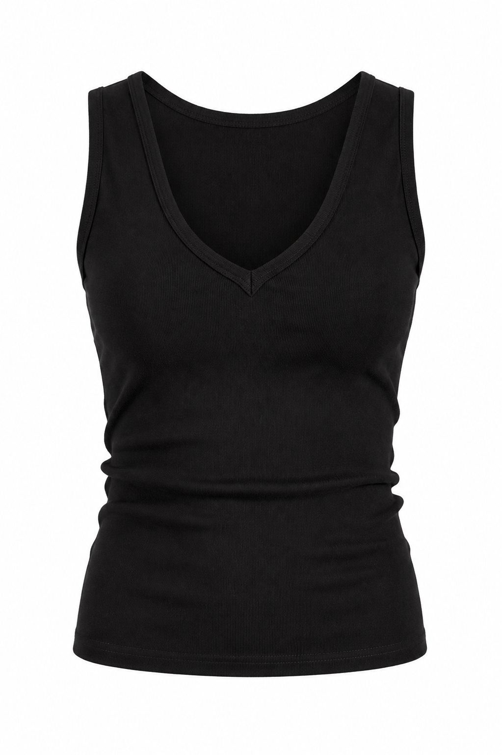 A black sleeveless tank top with a deep V-neck, shown on a plain white background.
