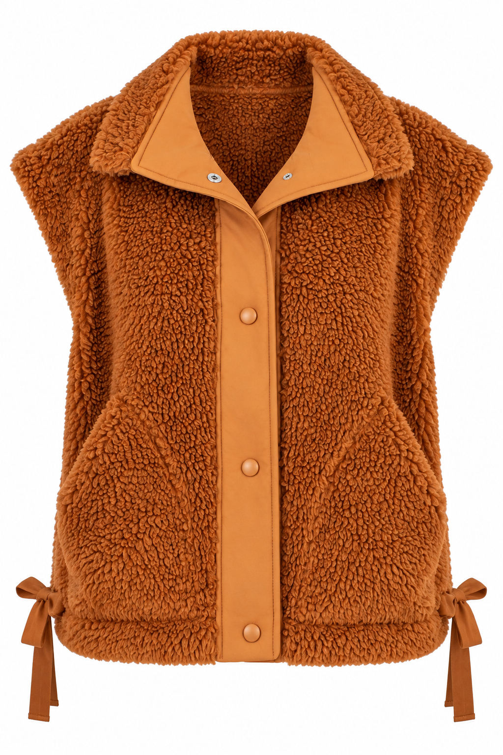 A sleeveless brown sherpa fleece vest with tan faux-leather trim, snap-button front, and side ties, shown on a plain white background.
