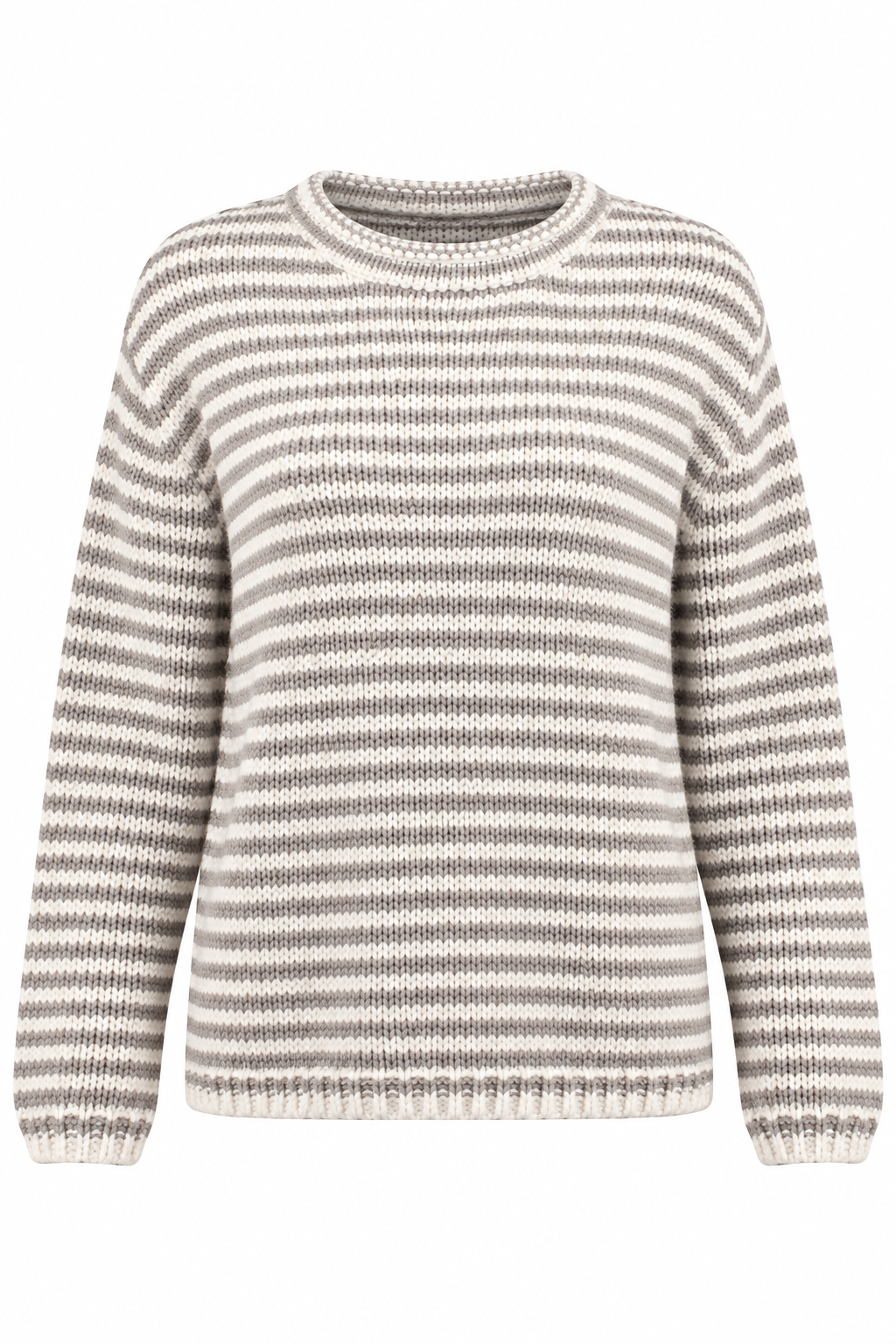 A long-sleeve knit sweater with horizontal stripes in beige and gray, shown against a plain white background.