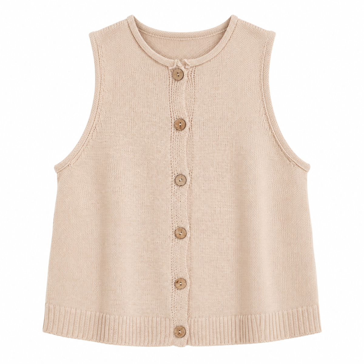 A sleeveless beige knit vest with a round neckline and five brown buttons down the front, shown on a plain white background.