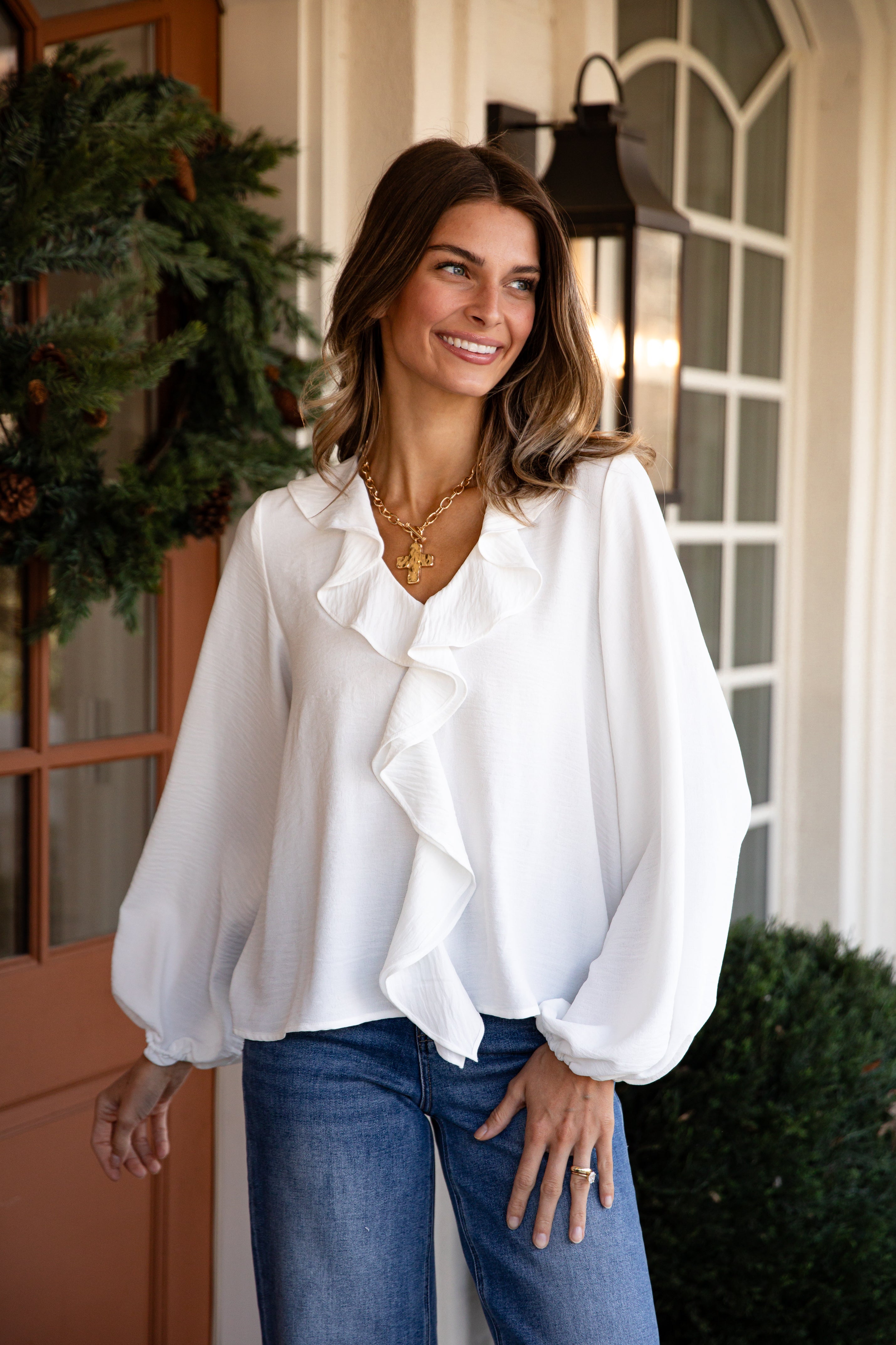 Snowfall Ruffle Off White Blouse - DU Deal
