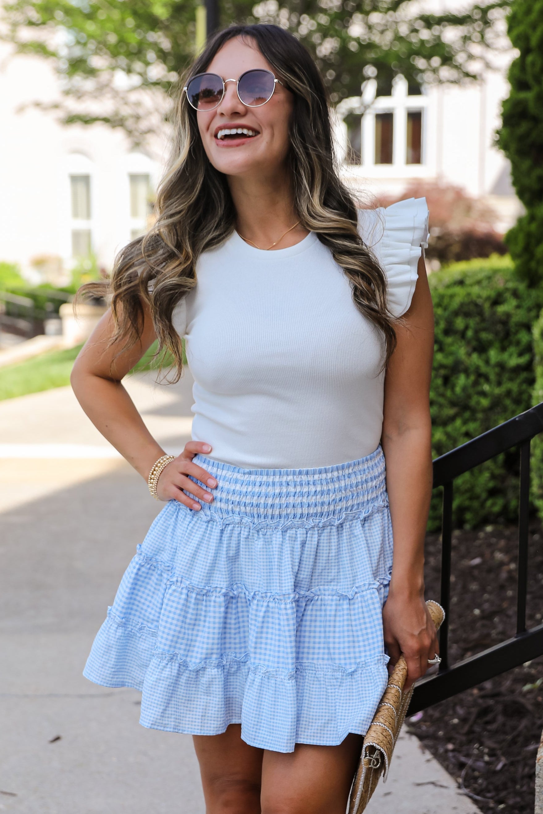 Charmed Feeling Blue Gingham Tiered Mini Skirt