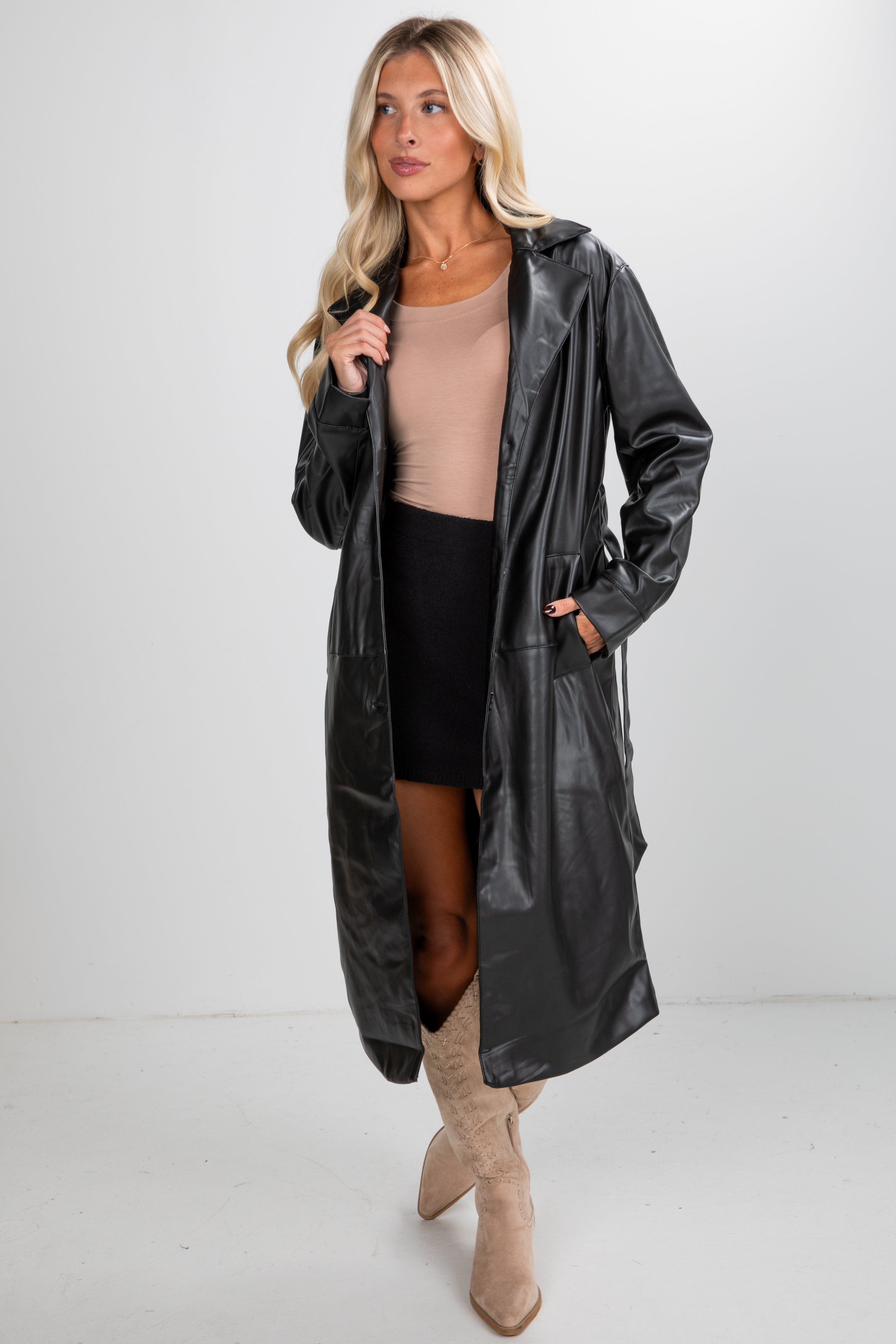 black leather trench coat