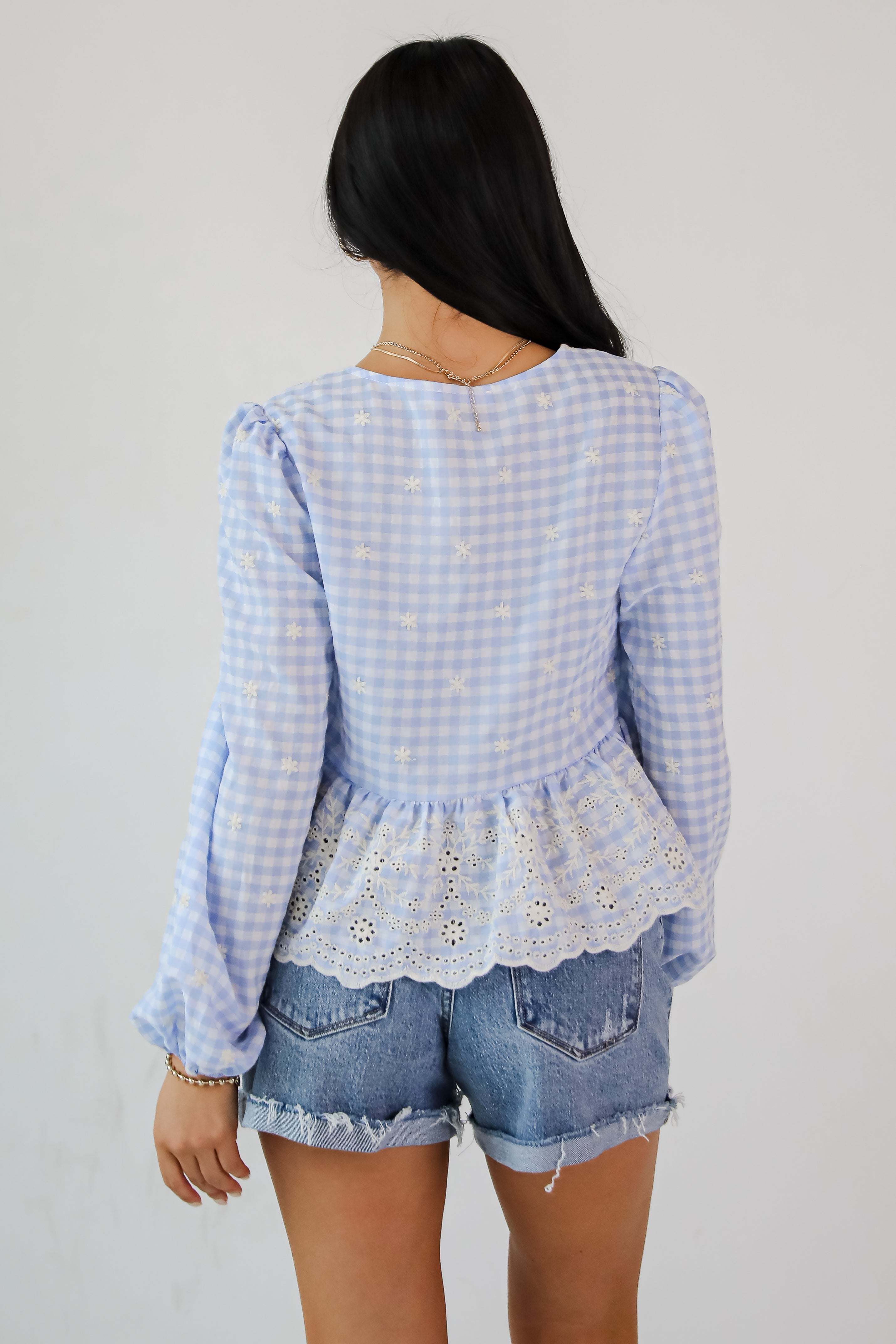Classic Romance Blue Gingham Embroidered Bow Blouse