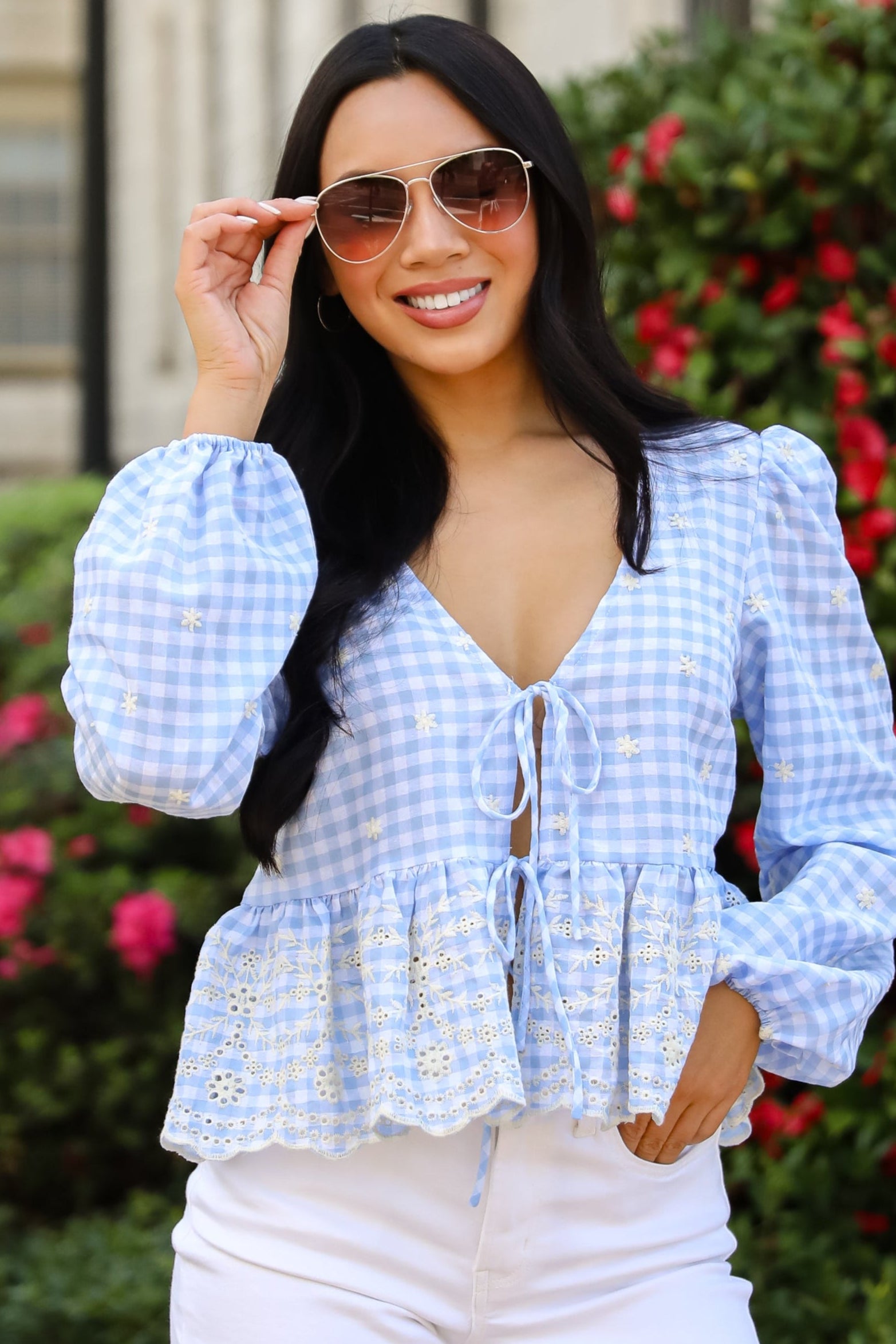 Classic Romance Blue Gingham Embroidered Bow Blouse
