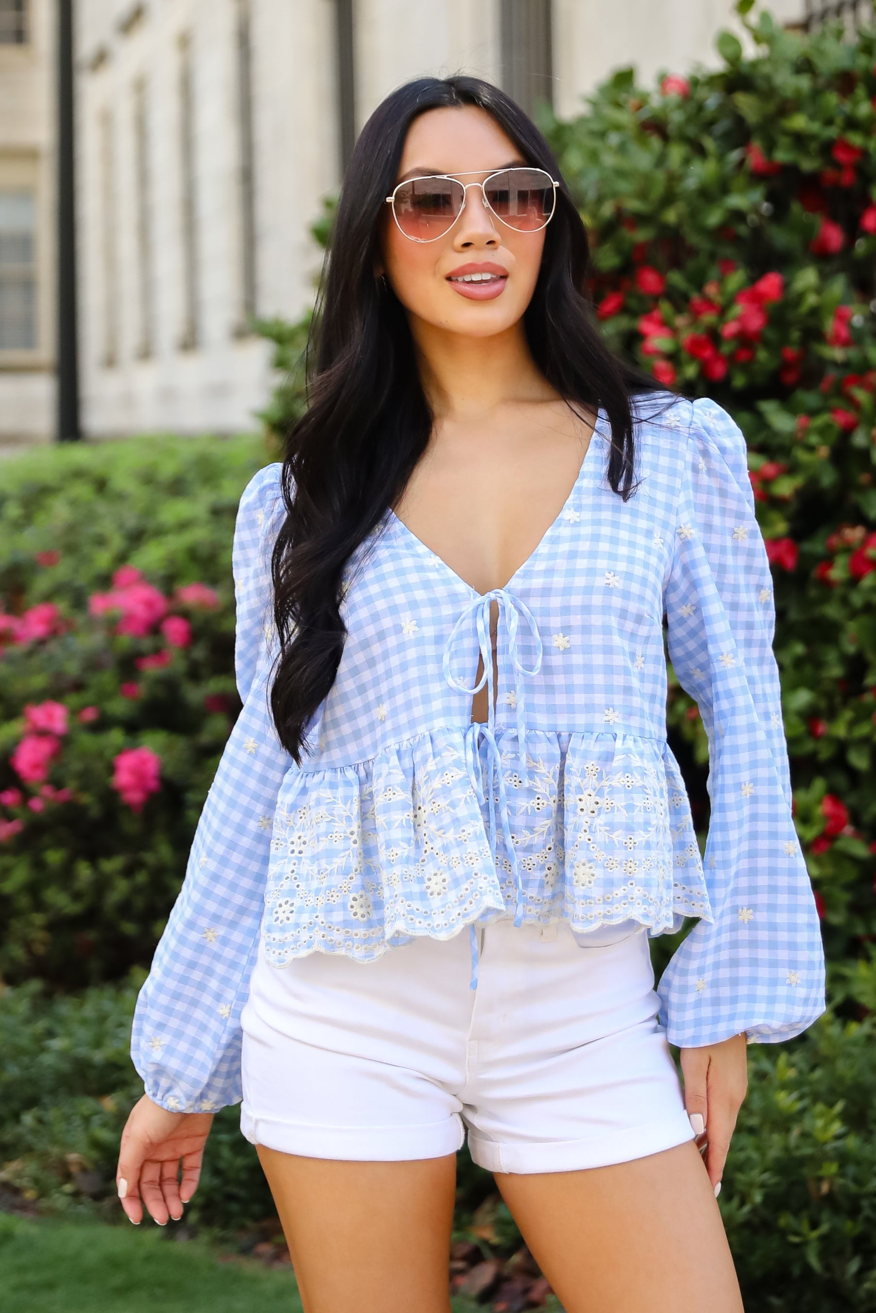 Classic Romance Blue Gingham Embroidered Bow Blouse