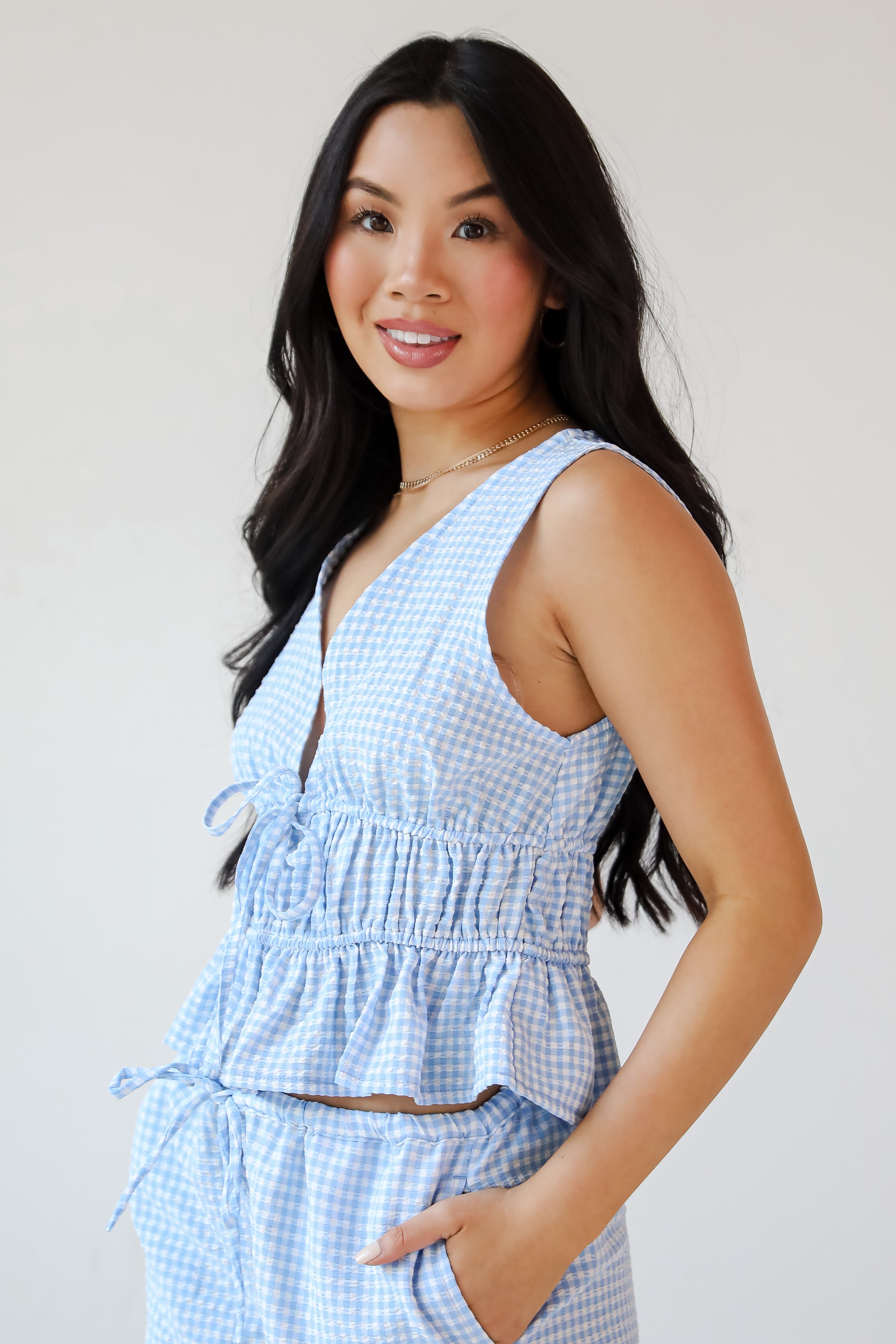 Only For You Blue Gingham Peplum Tank