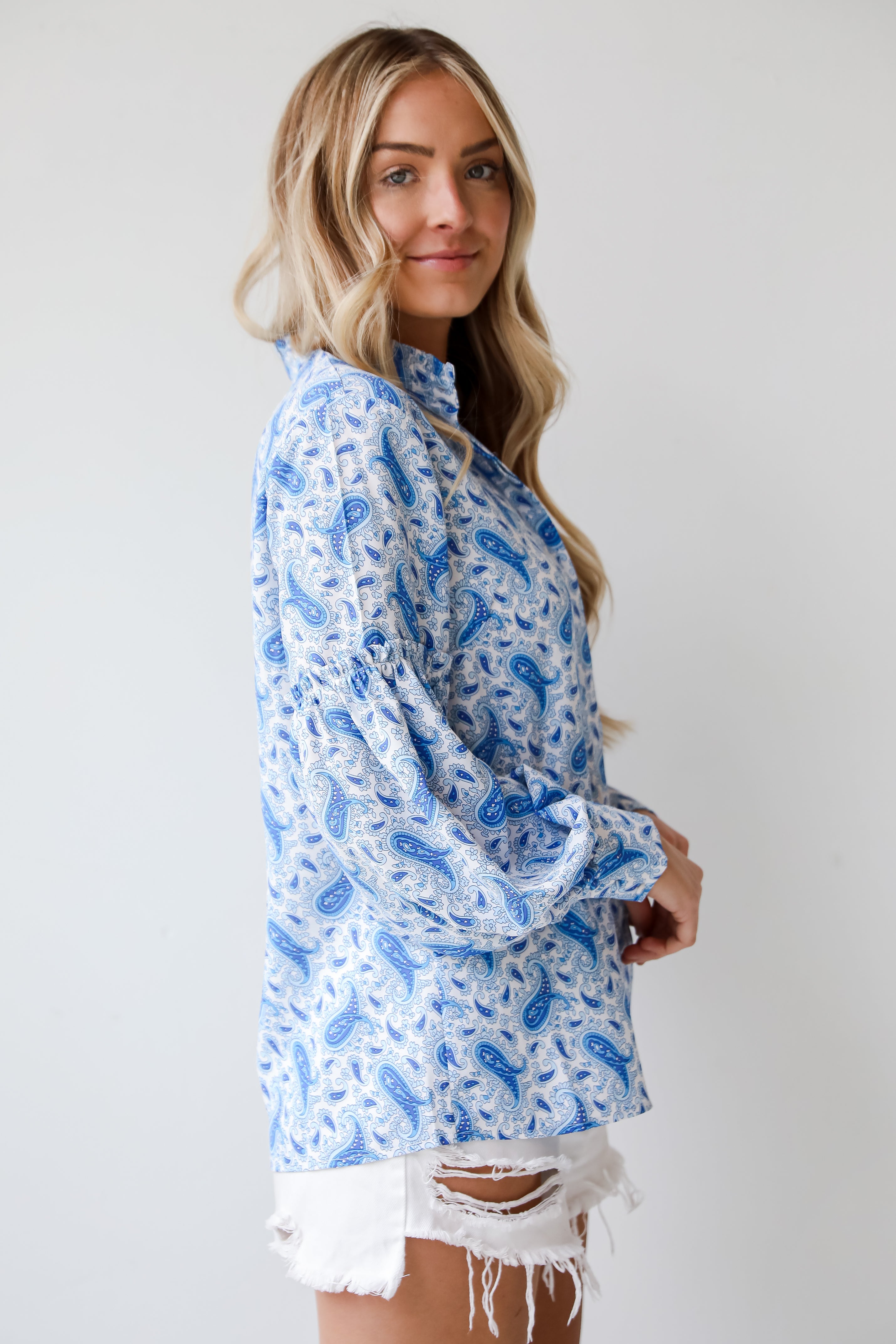 button up blouse for women,Blue Paisley Blouse, Truly Delightful Blue Paisley Blouse, Blue Paisley Top, Women&