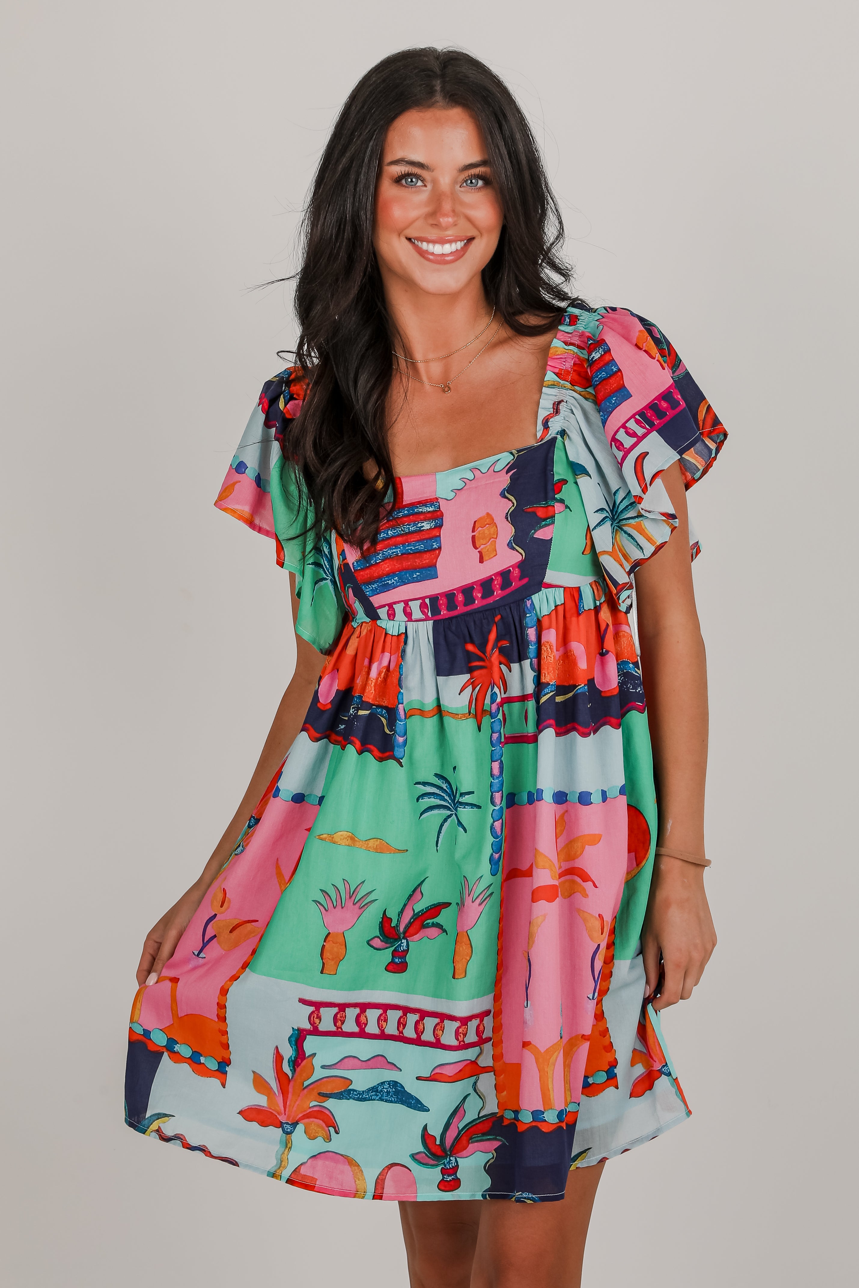 Sunset By The Sea Blue Tropical Babydoll Mini Dress