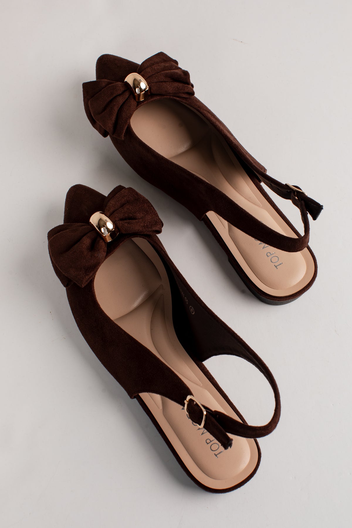 Pretty Detail Brown Bow Suede Slingback Flats