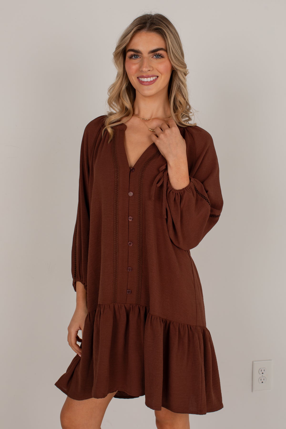 Refined Taste Brown Button-Front Mini Dress