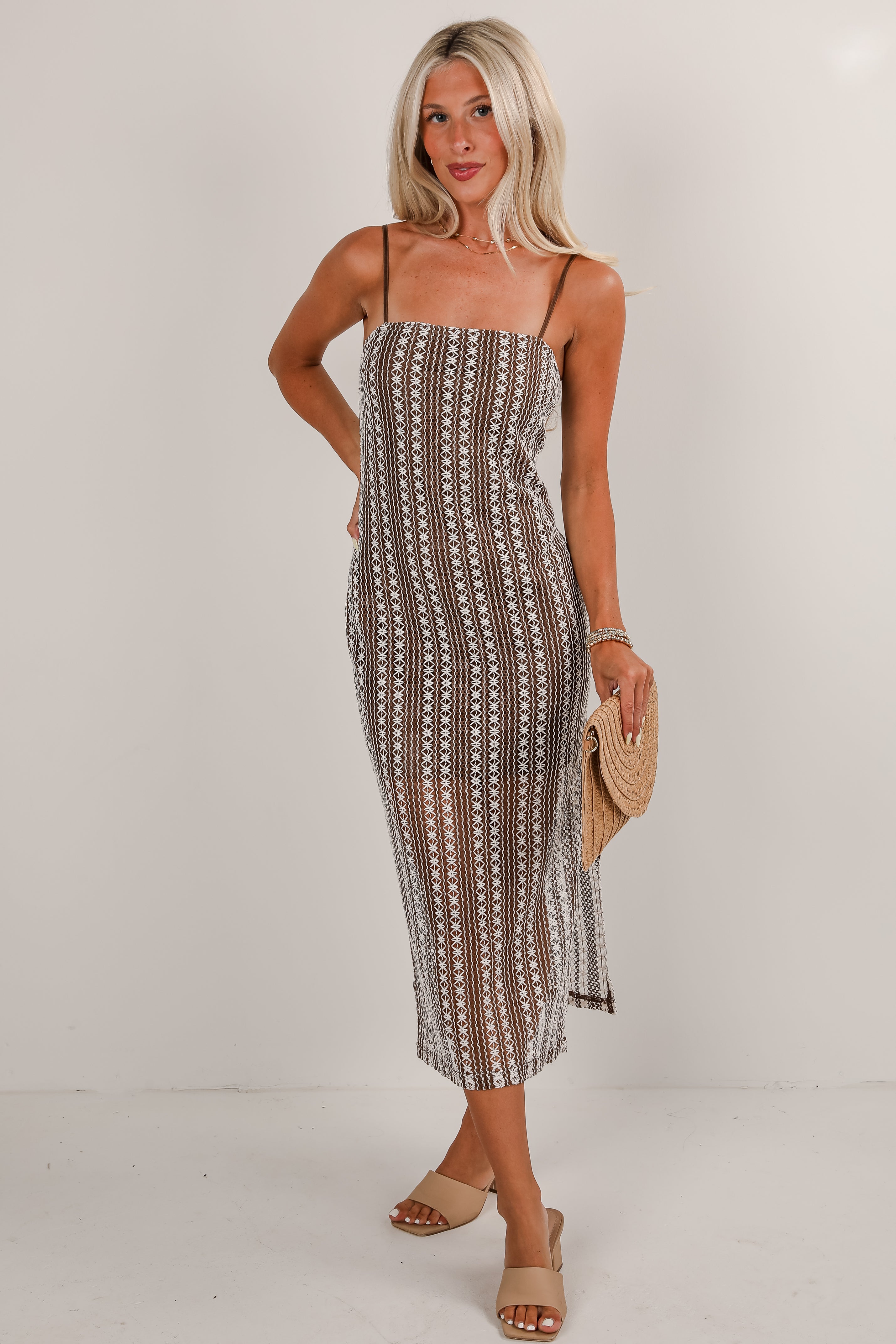 Stroll The Beaches Brown Crochet Midi Dress