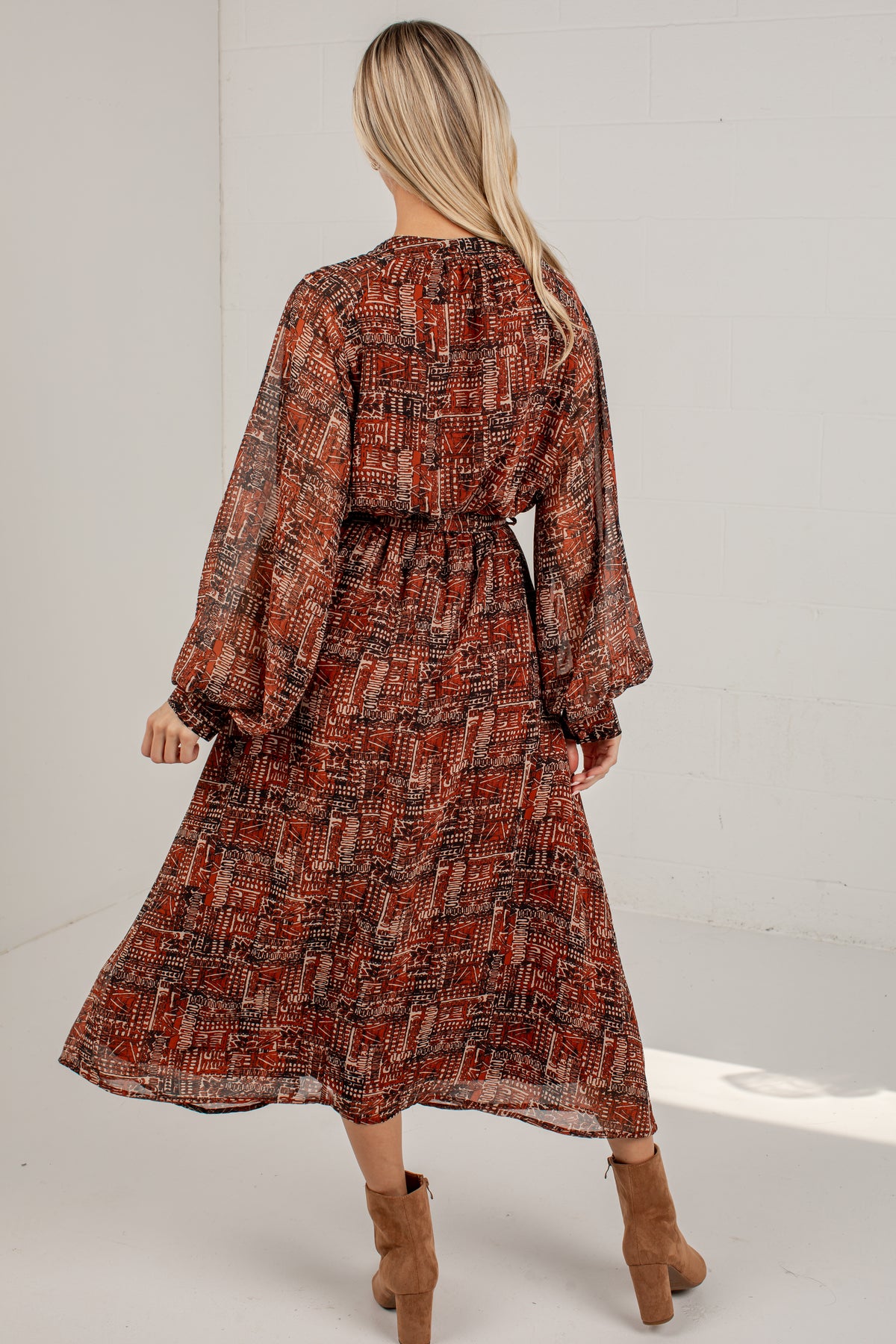 Flourish With Grace Brown Printed Midi Dress