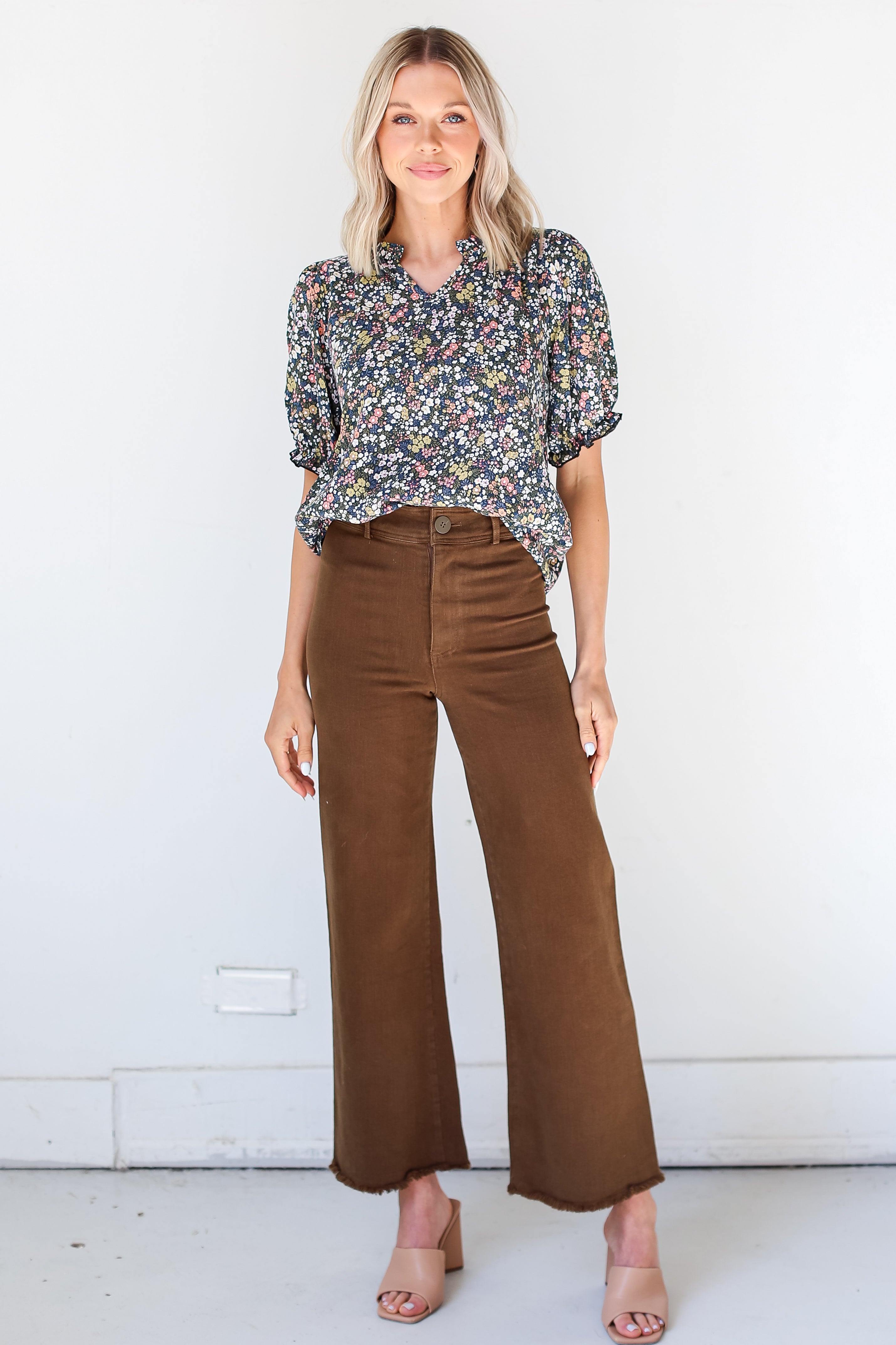 model wearing brown Wide Leg Jeans