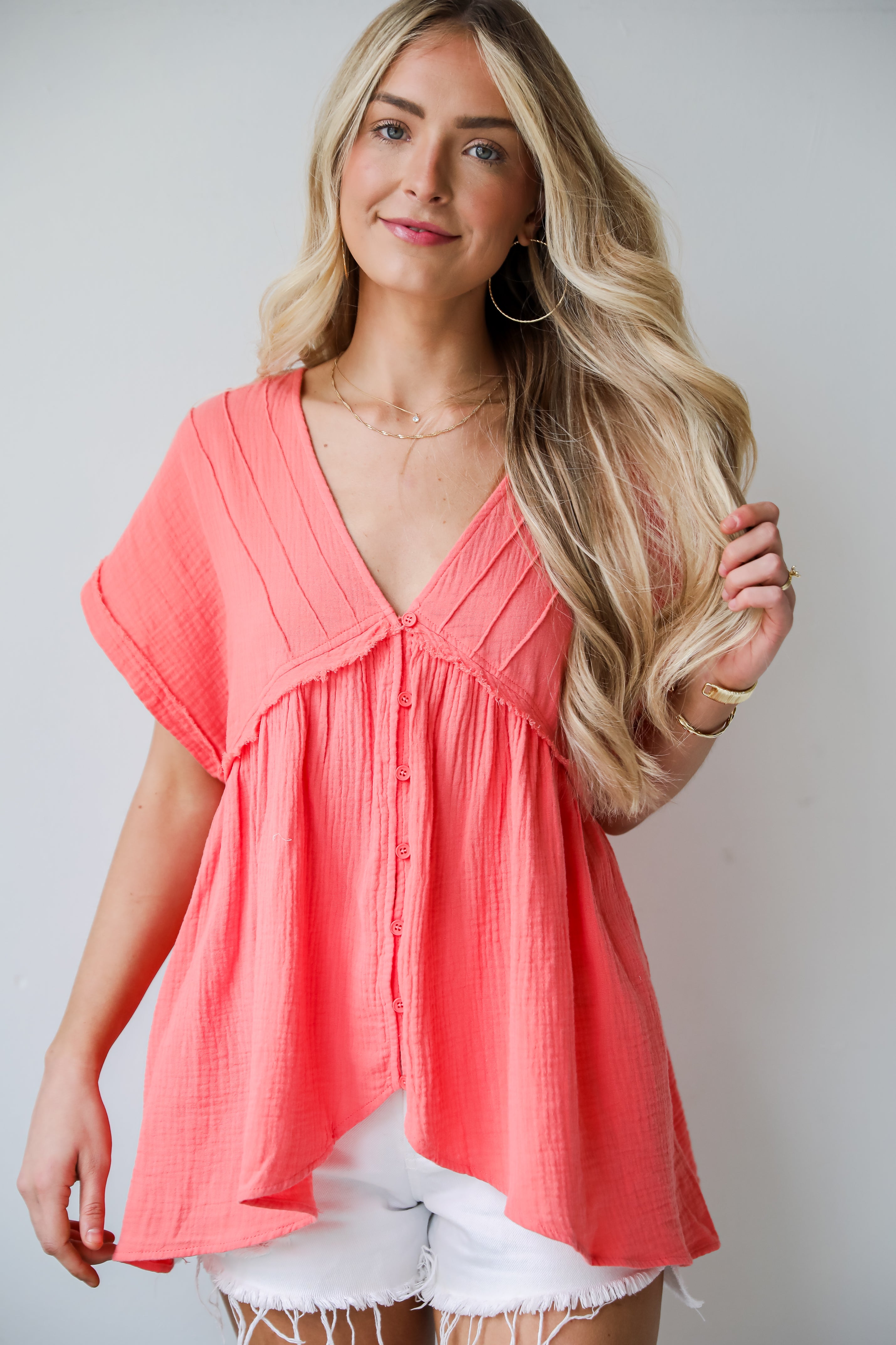 flowy Coral Linen Blouse