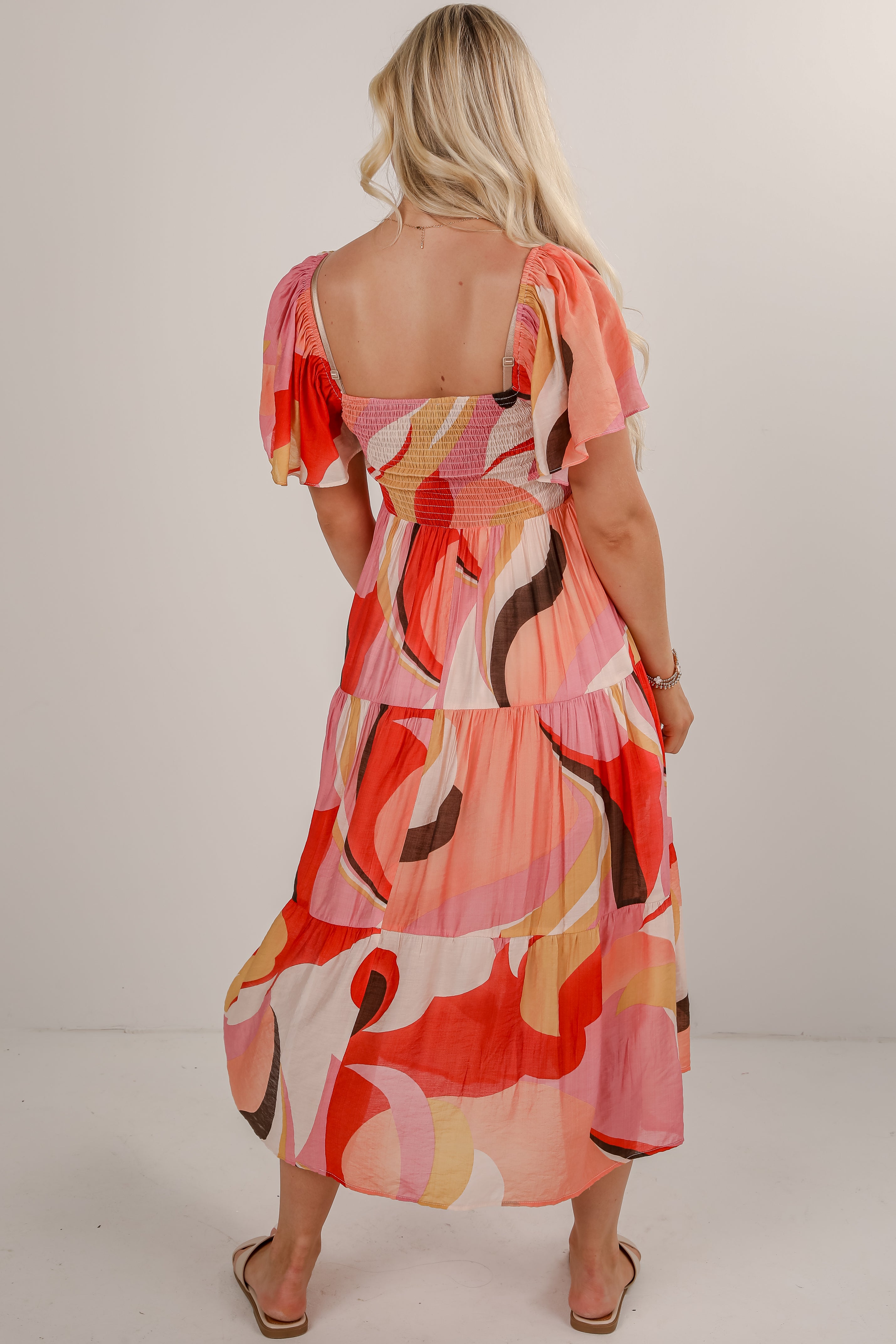 All Coming Together Coral Tiered Midi Dress