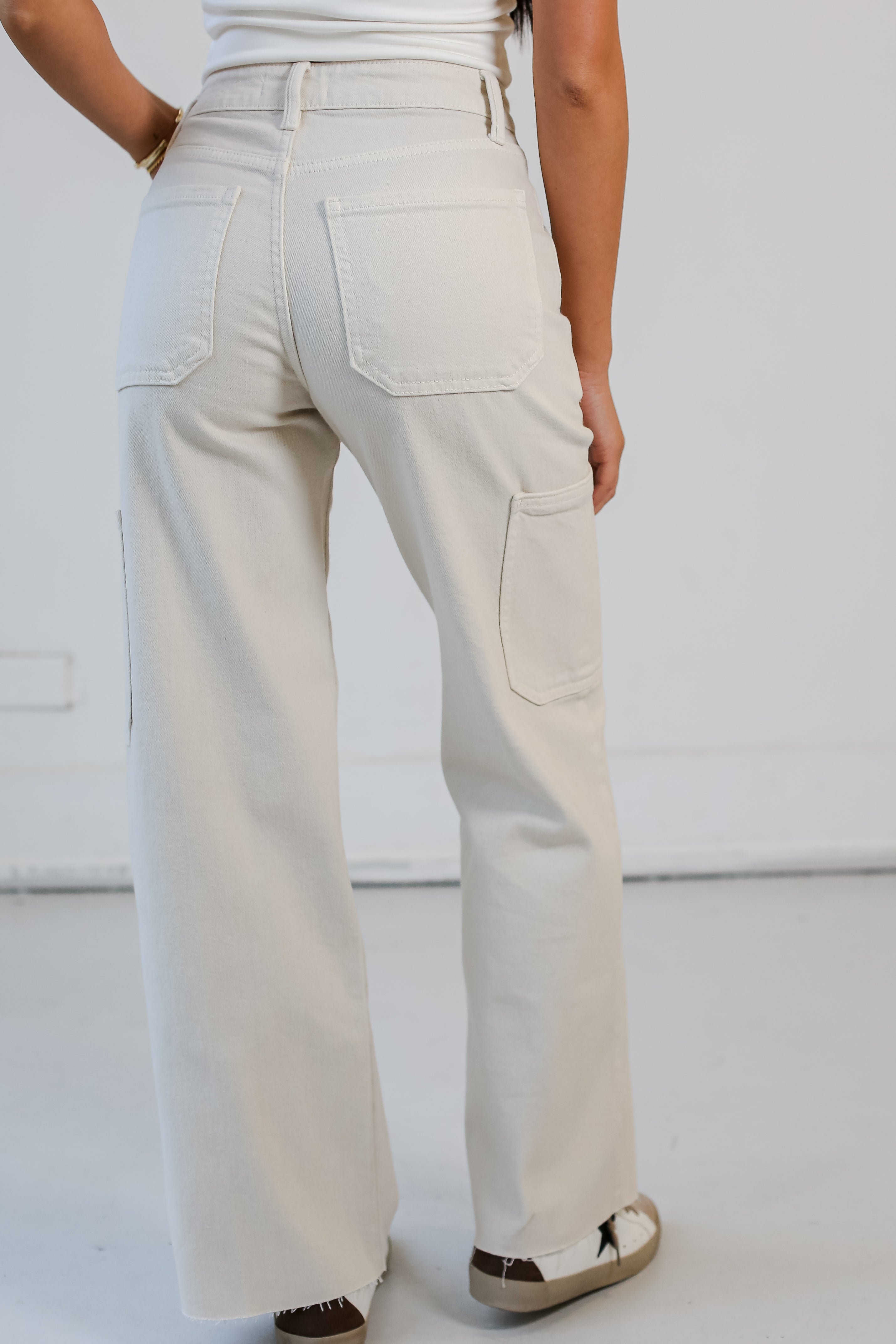 trendy Cream Cargo Jeans back view
