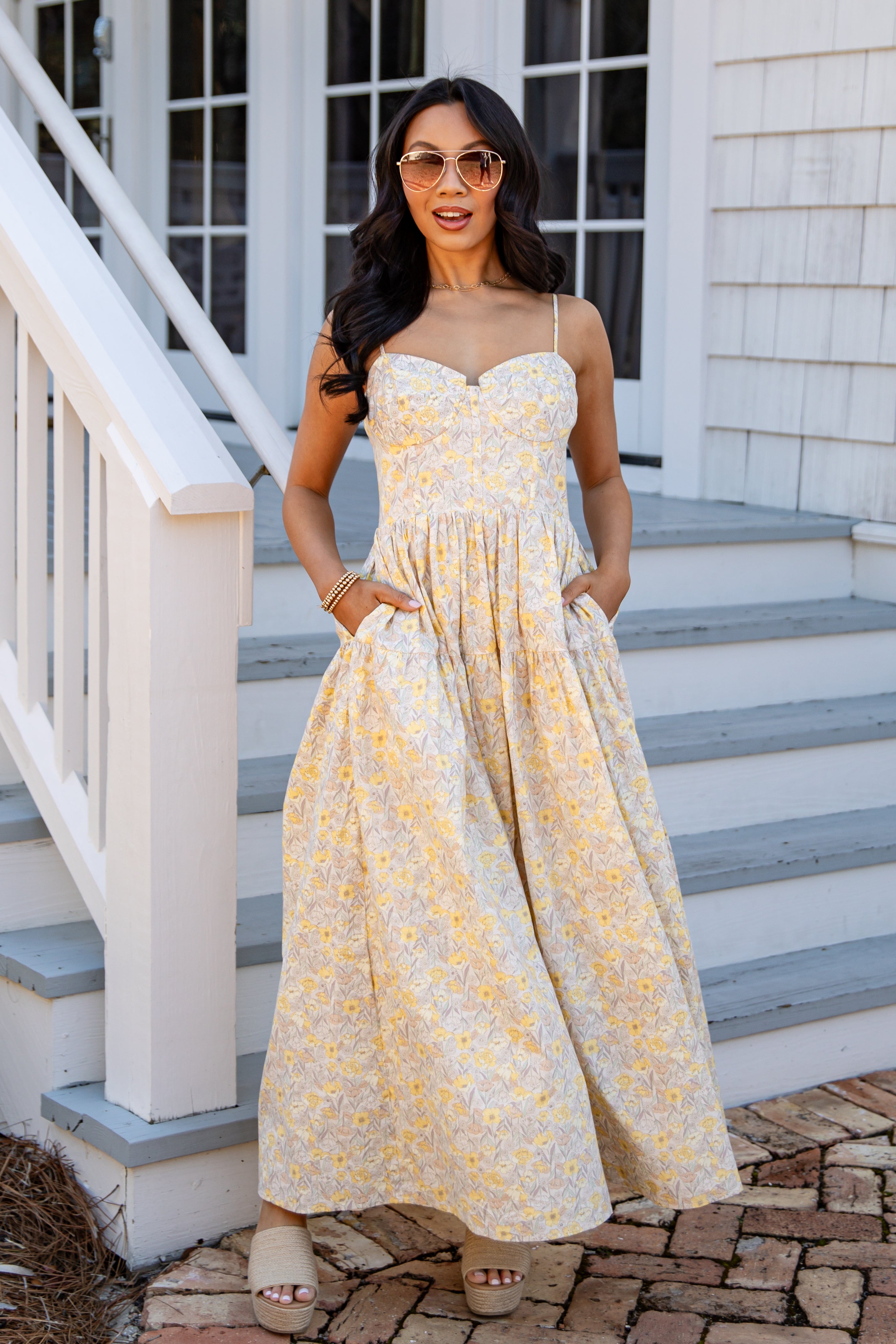 Sunlit Meadow Cream Floral Midi Dress