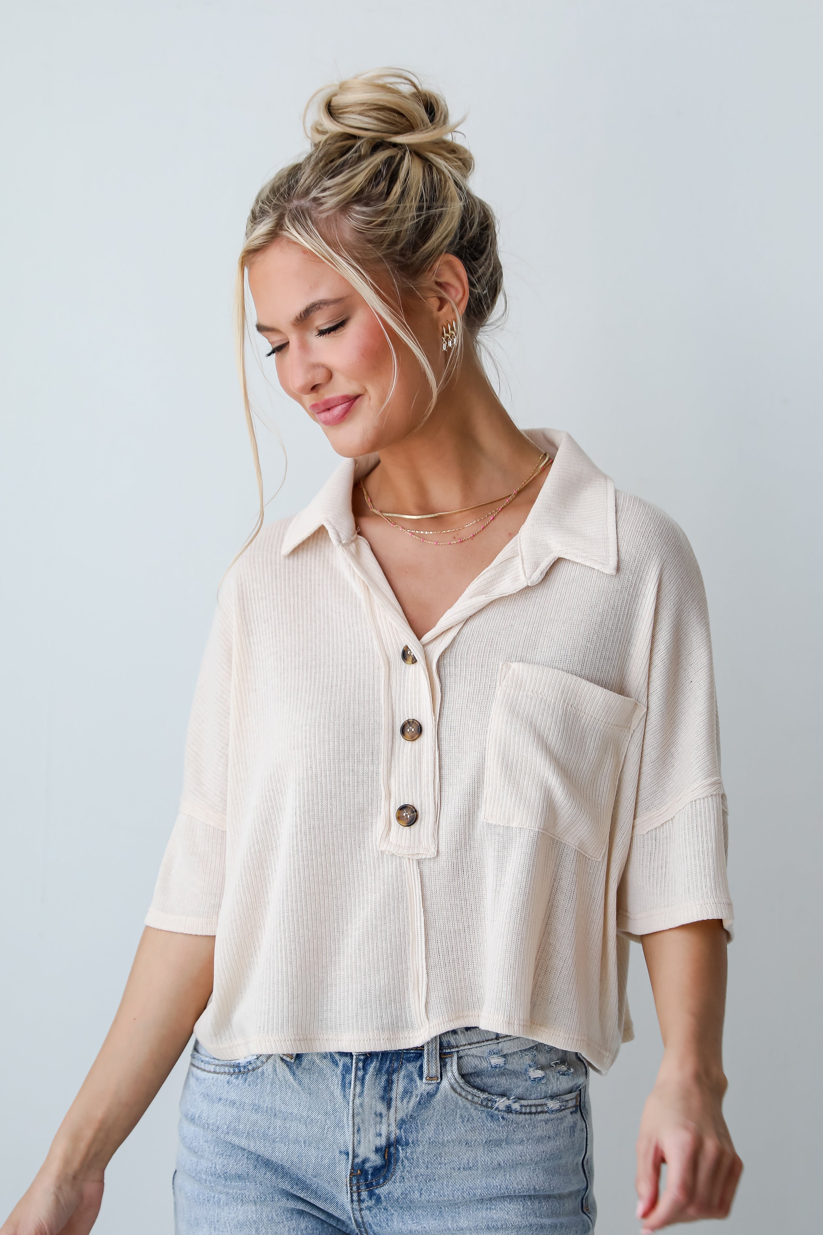 cute Cream Collared Henley Top