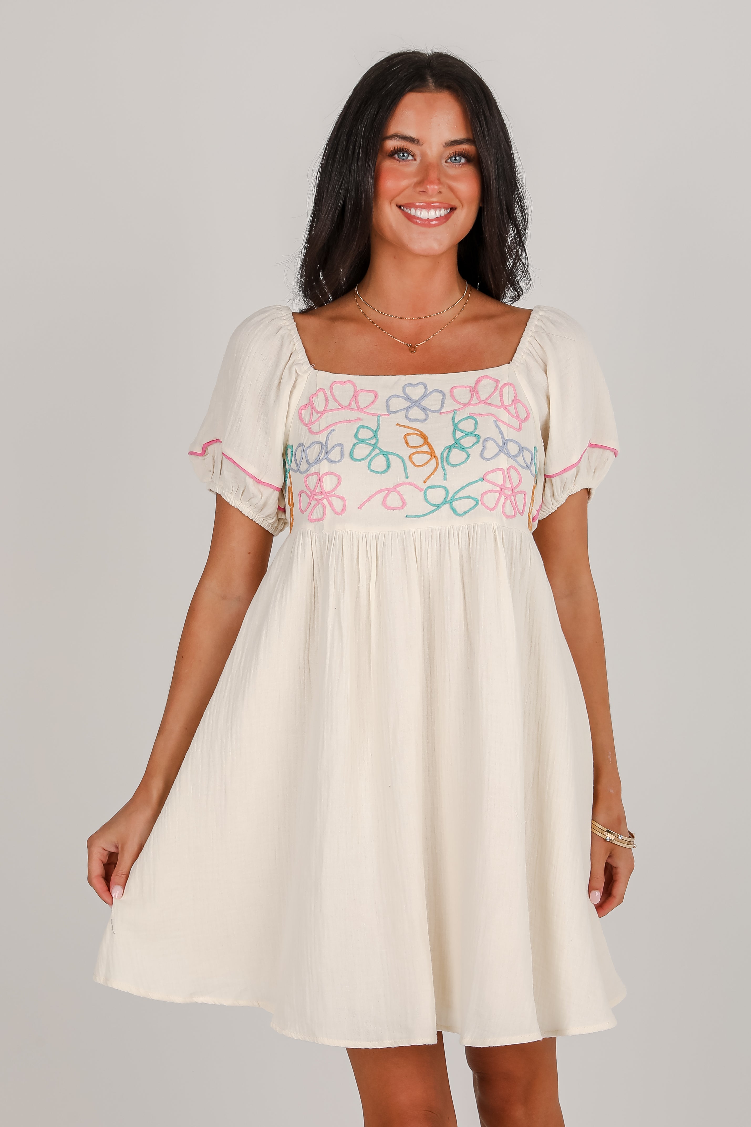 Sweet Meadow Cream Linen Embroidered Babydoll Mini Dress