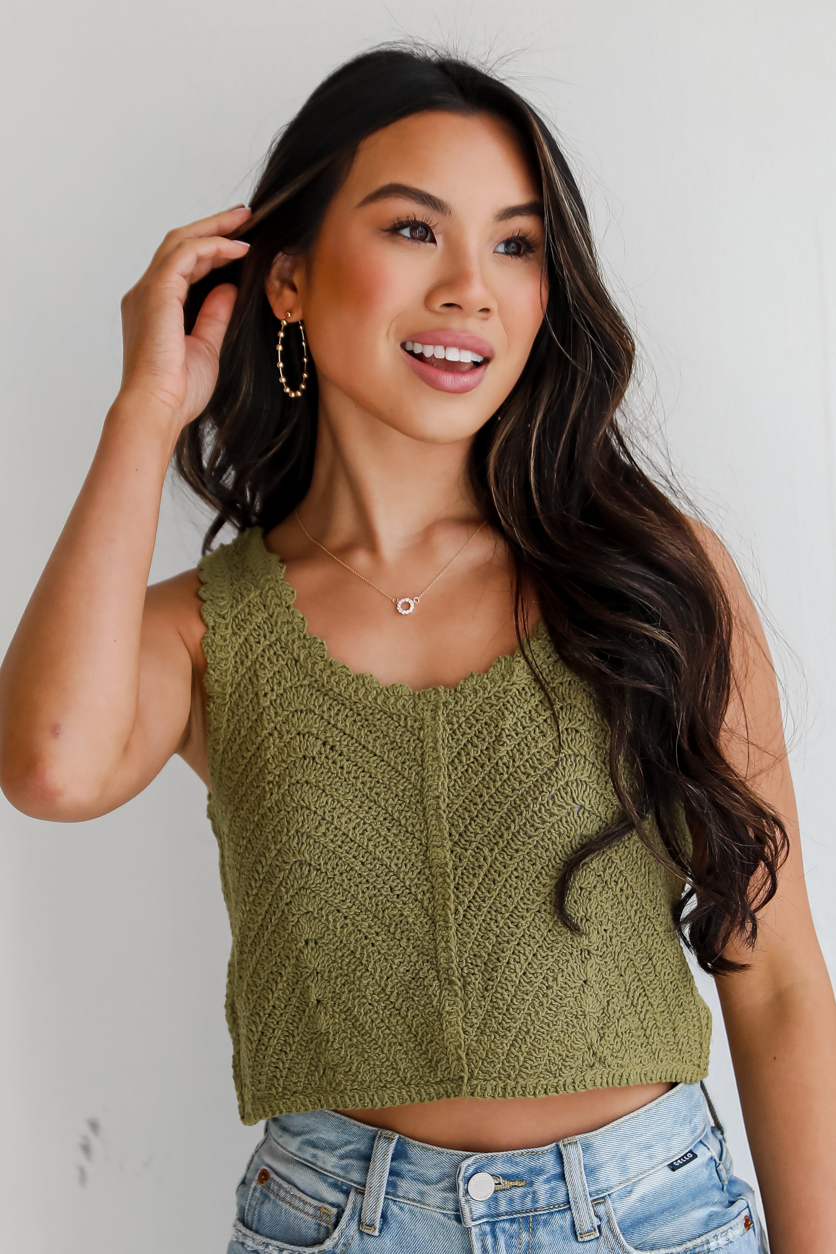 olive Crochet Knit Tank for women