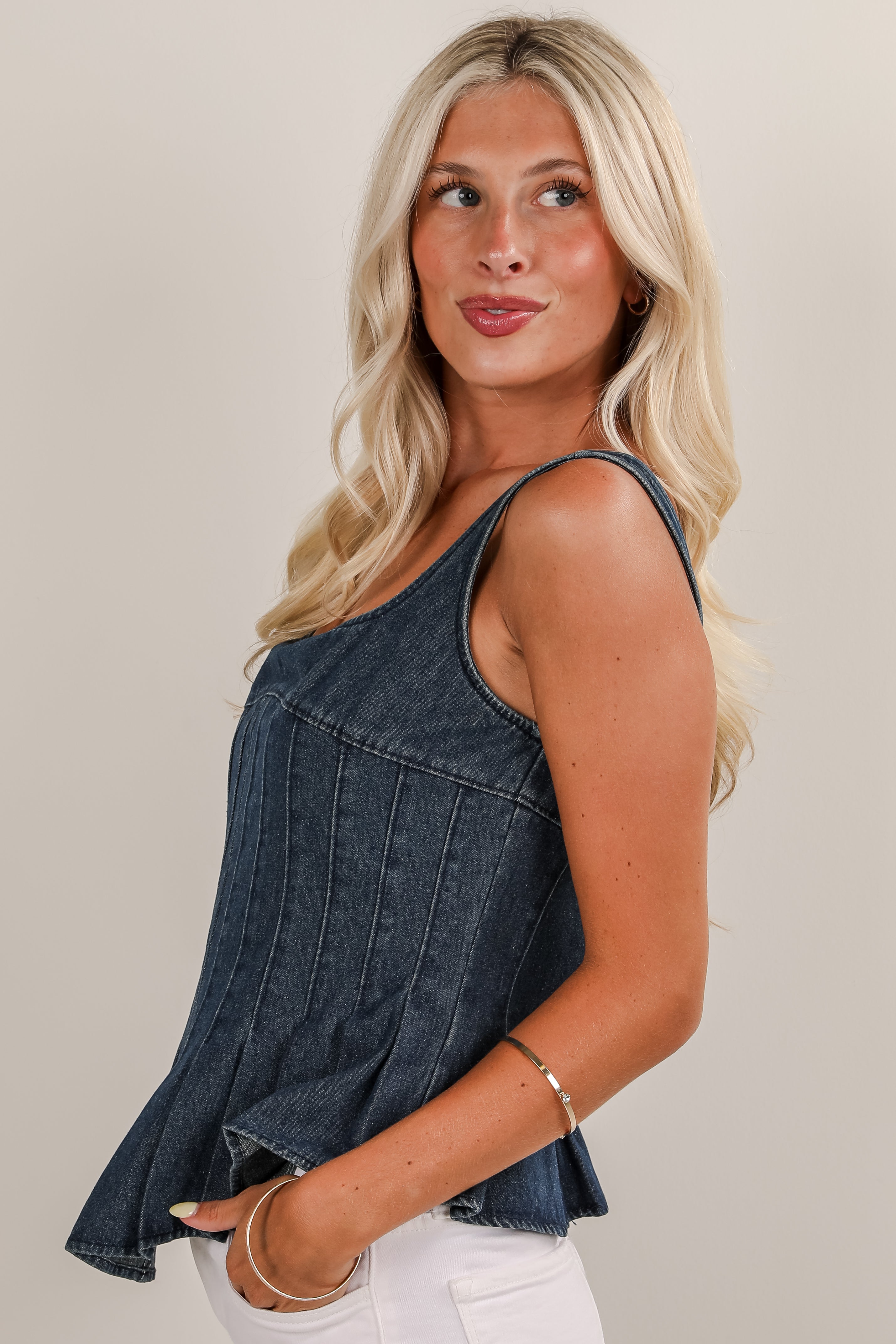 Strike A Cord Denim Pleated Tank