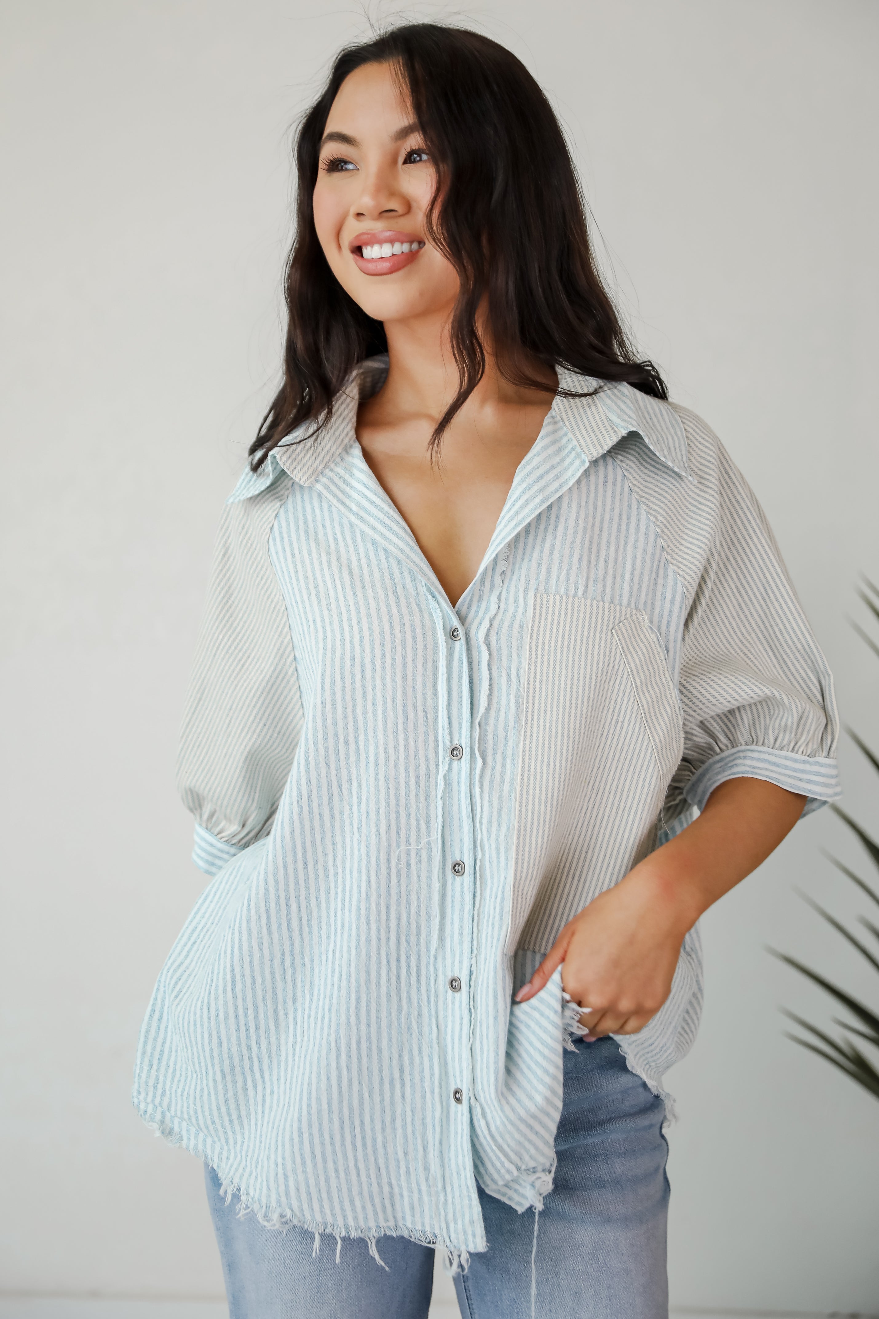 Lovable Aesthetic Denim Striped Blouse