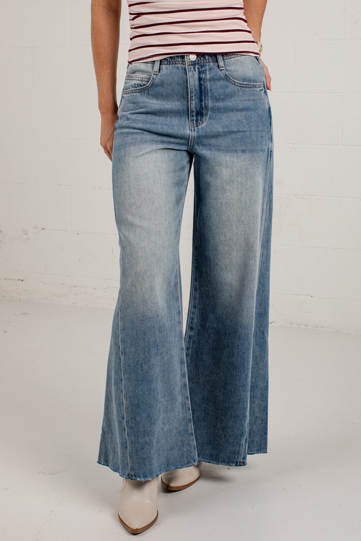 A person wearing wide-leg blue denim jeans with a faded wash, paired with a pink and white striped top and light-colored boots, standing against a white wall.