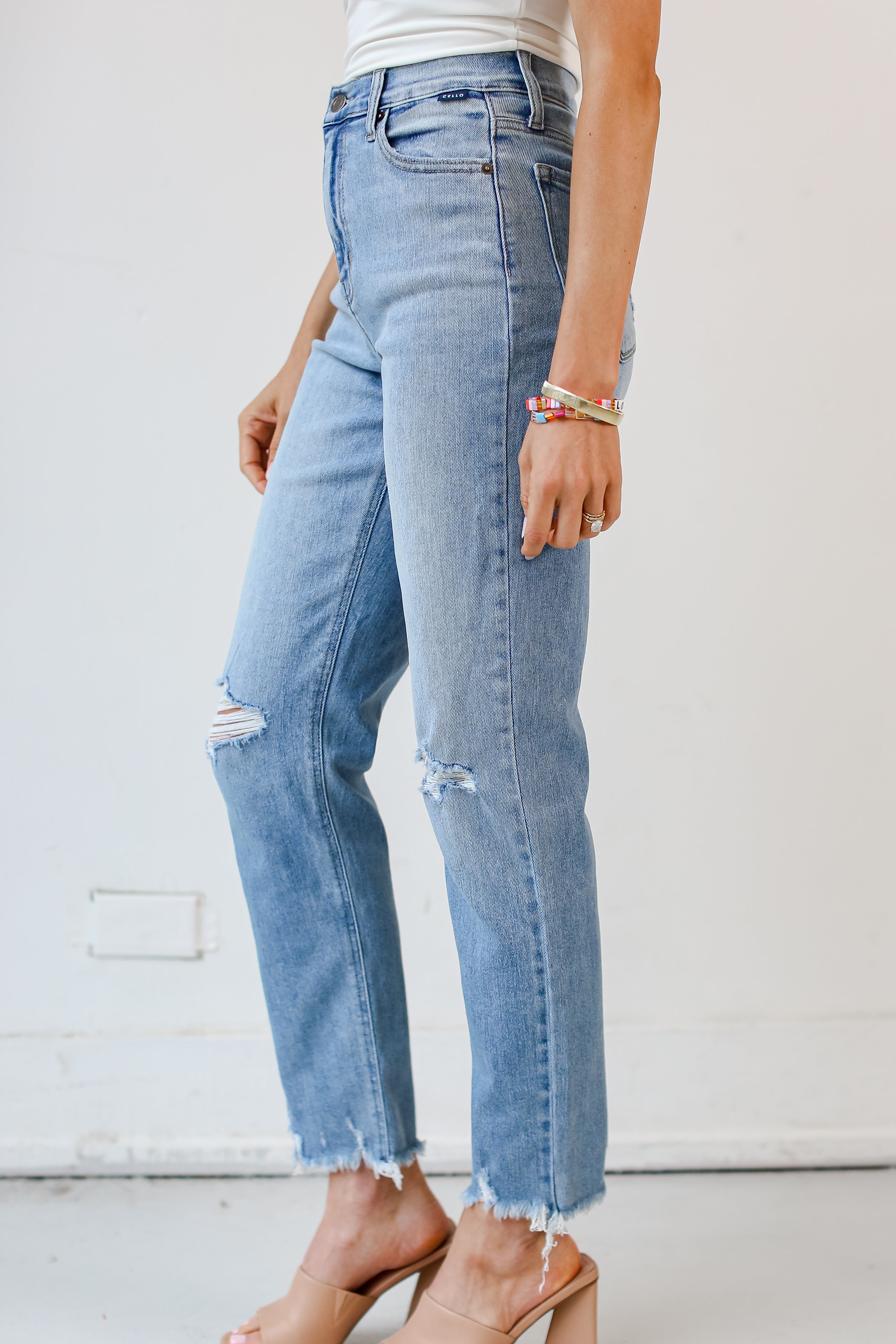 medium wash Distressed Mom Jeans side view