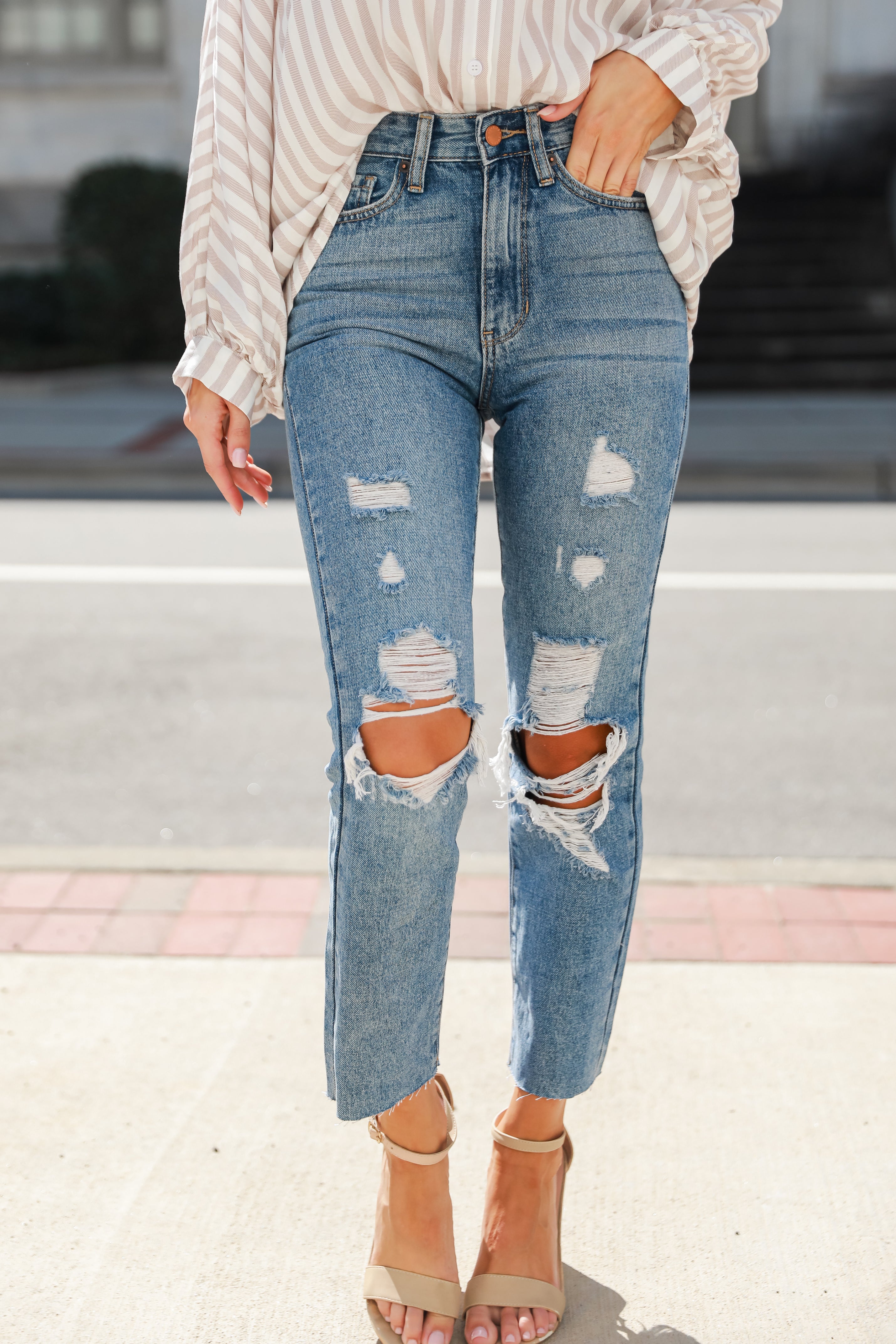 medium wash Distressed Mom Jeans on model
