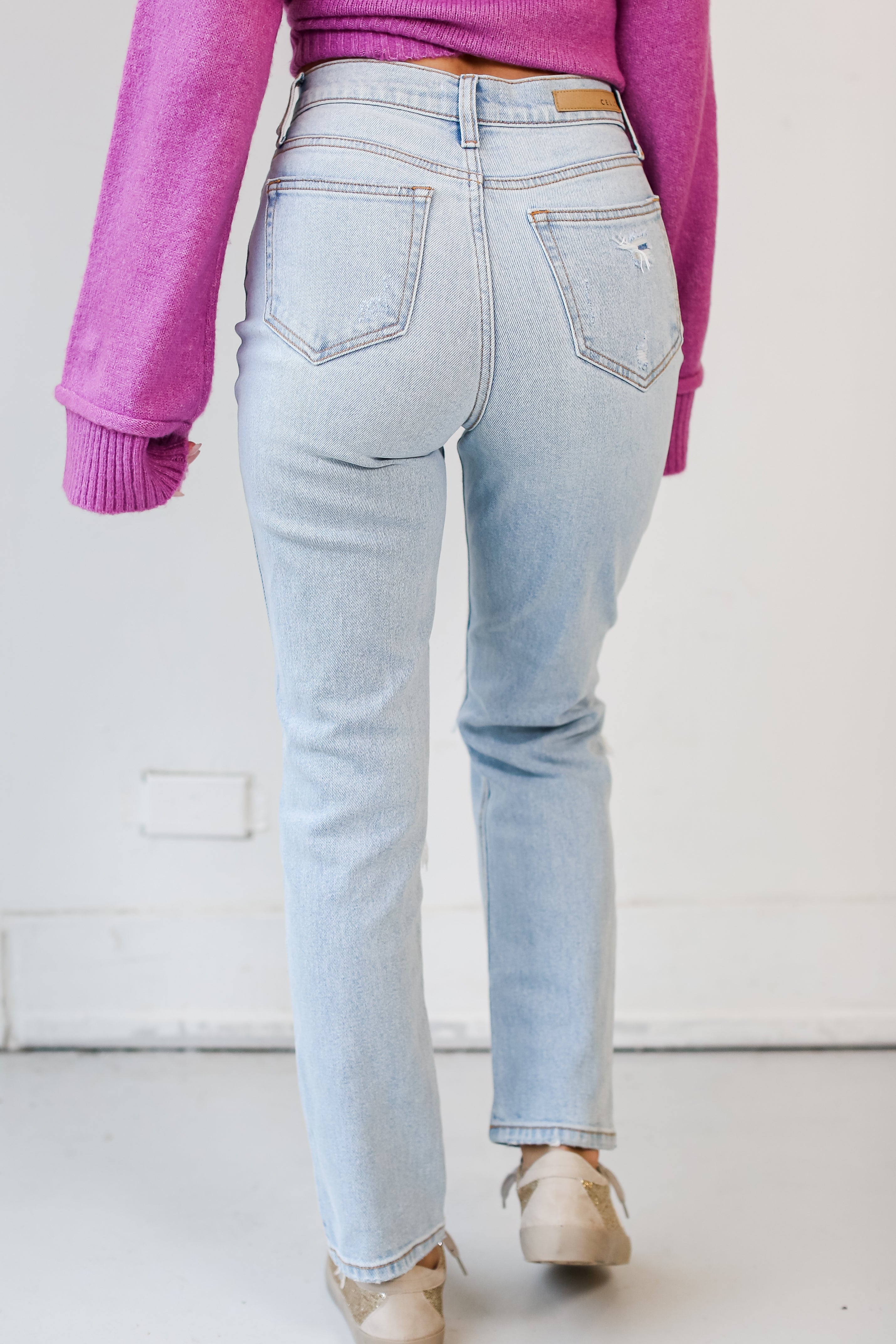 light wash Distressed Straight Leg Jeans back view
