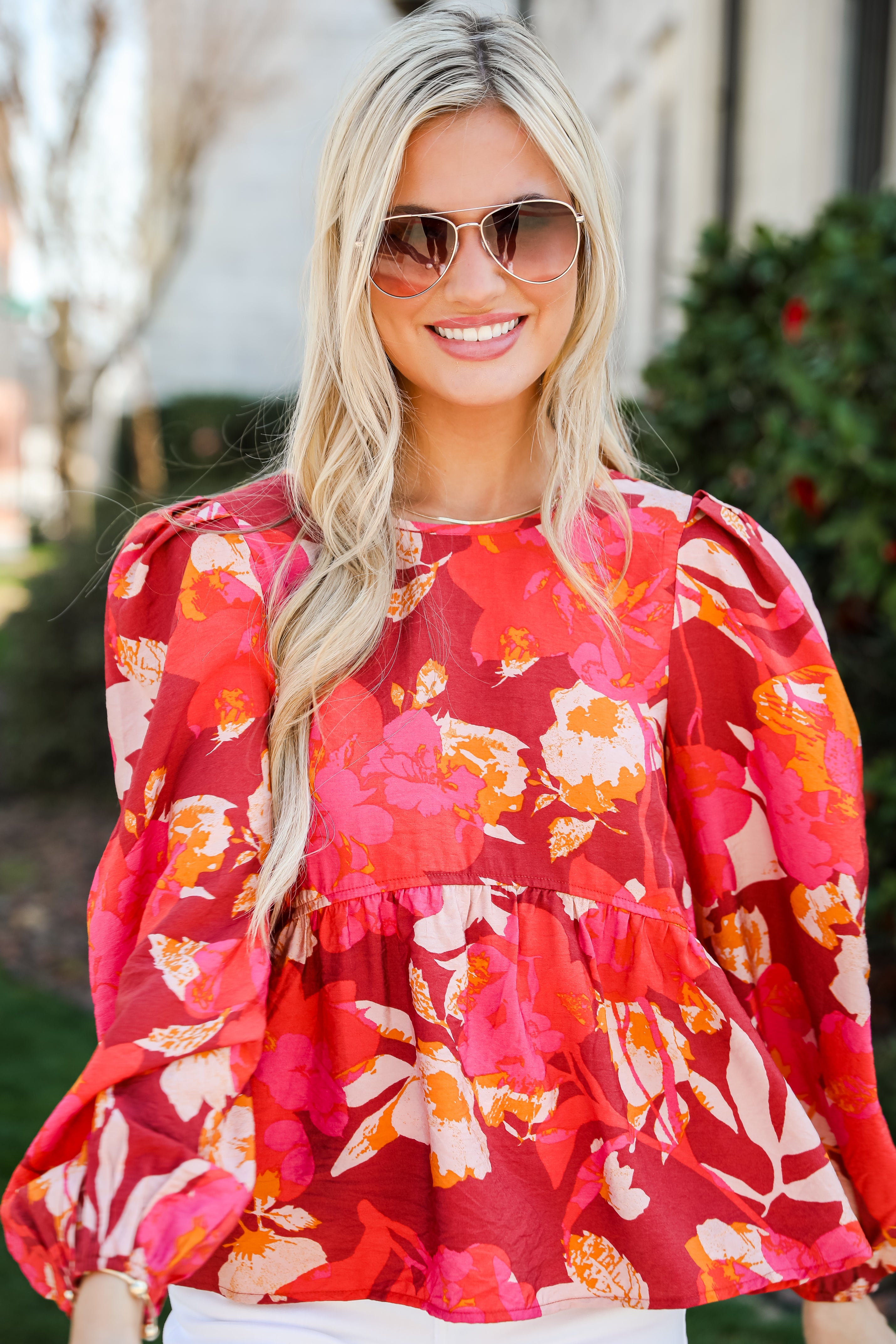 cute orange Floral Babydoll Blouse