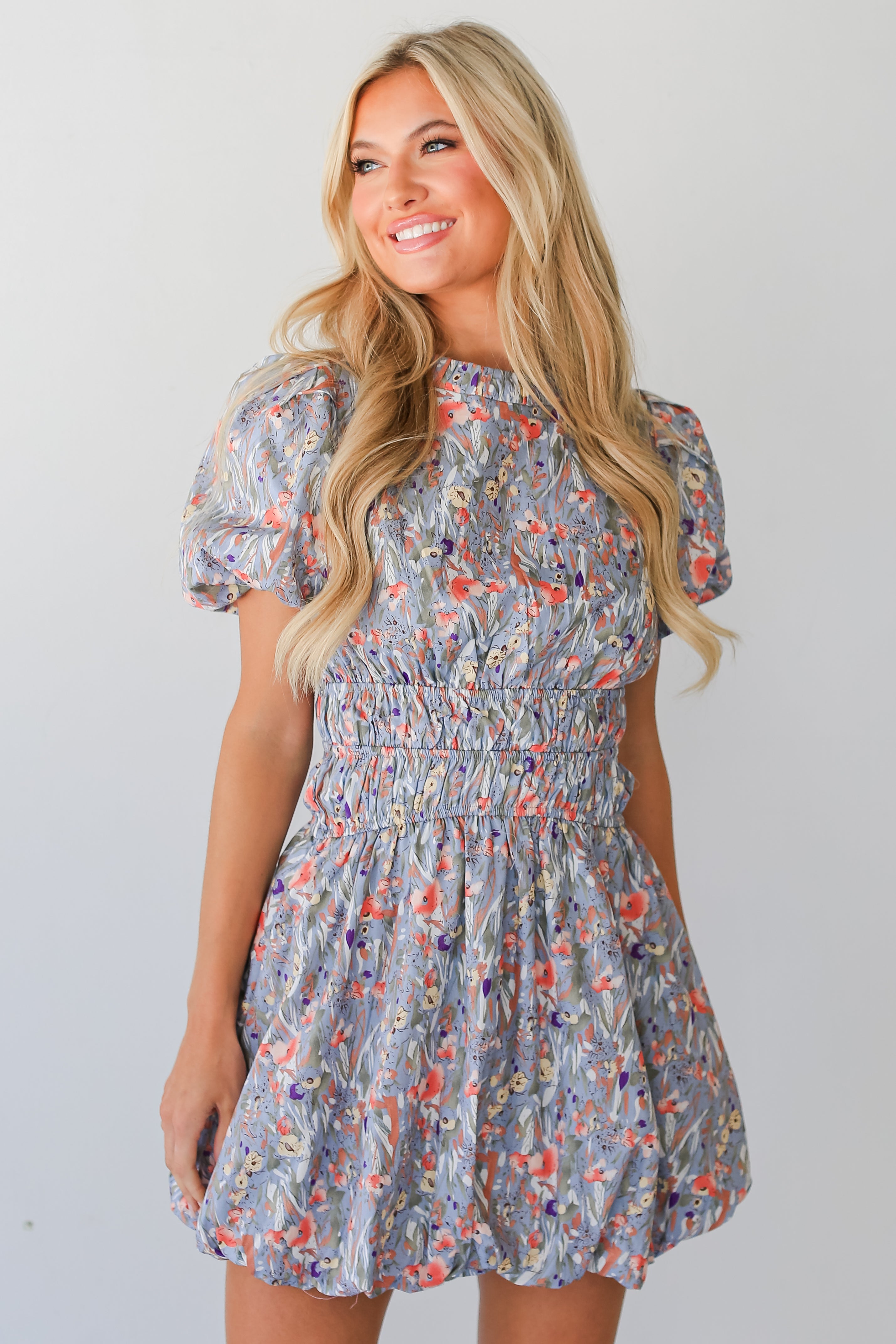blue Floral Bubble Mini Dress on dress up model