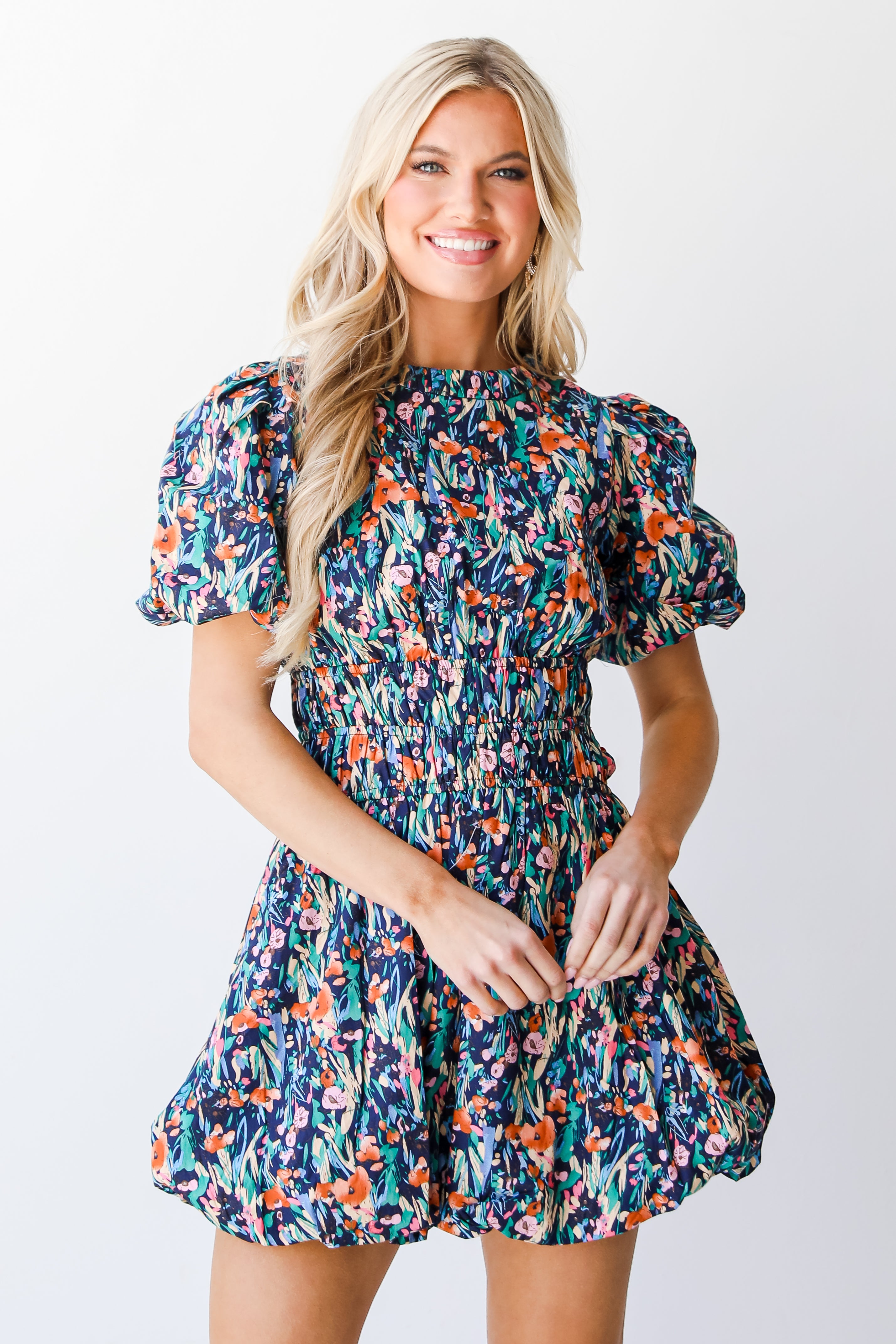 navy Floral Bubble Mini Dress front view