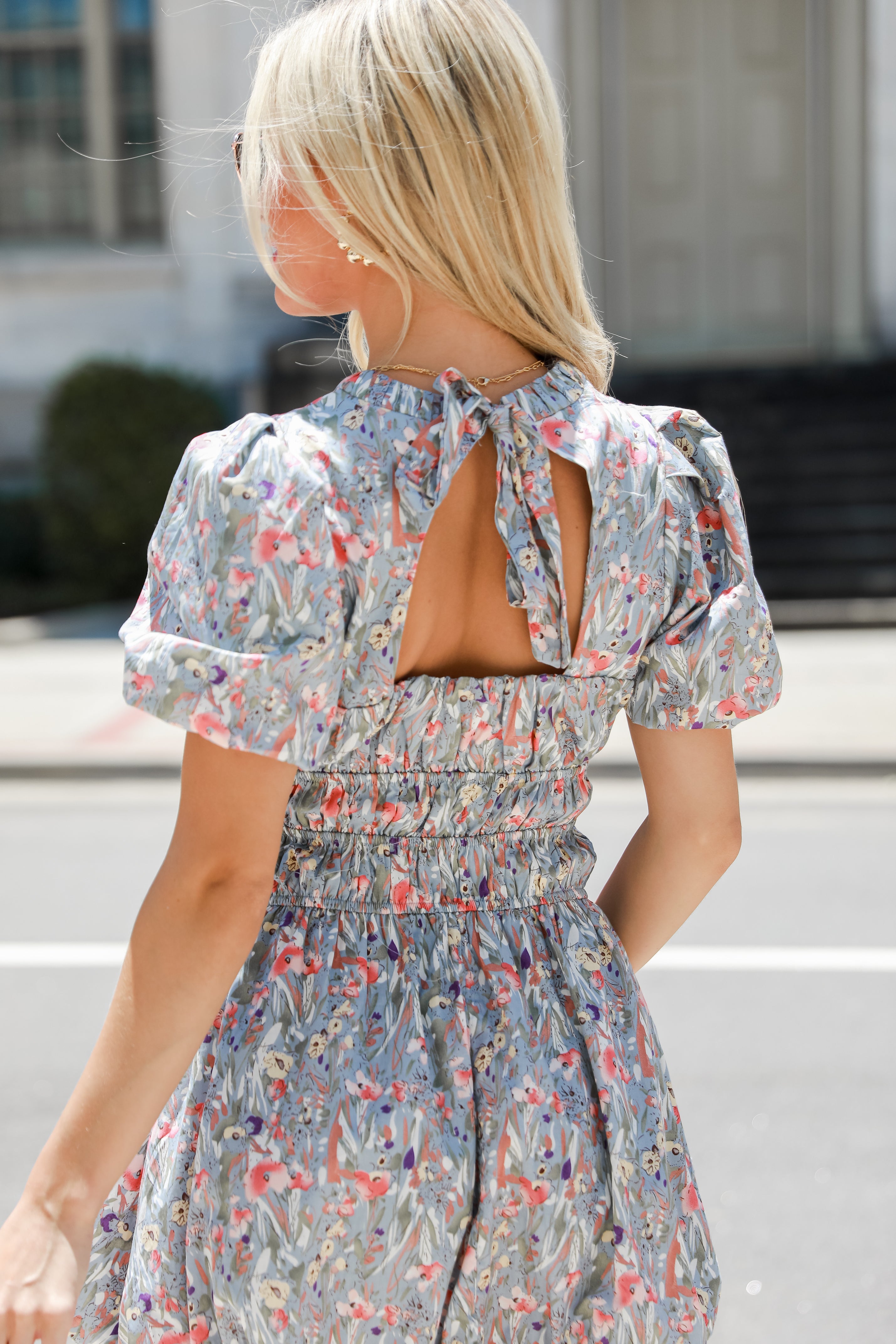 blue Floral Bubble Mini Dress on model