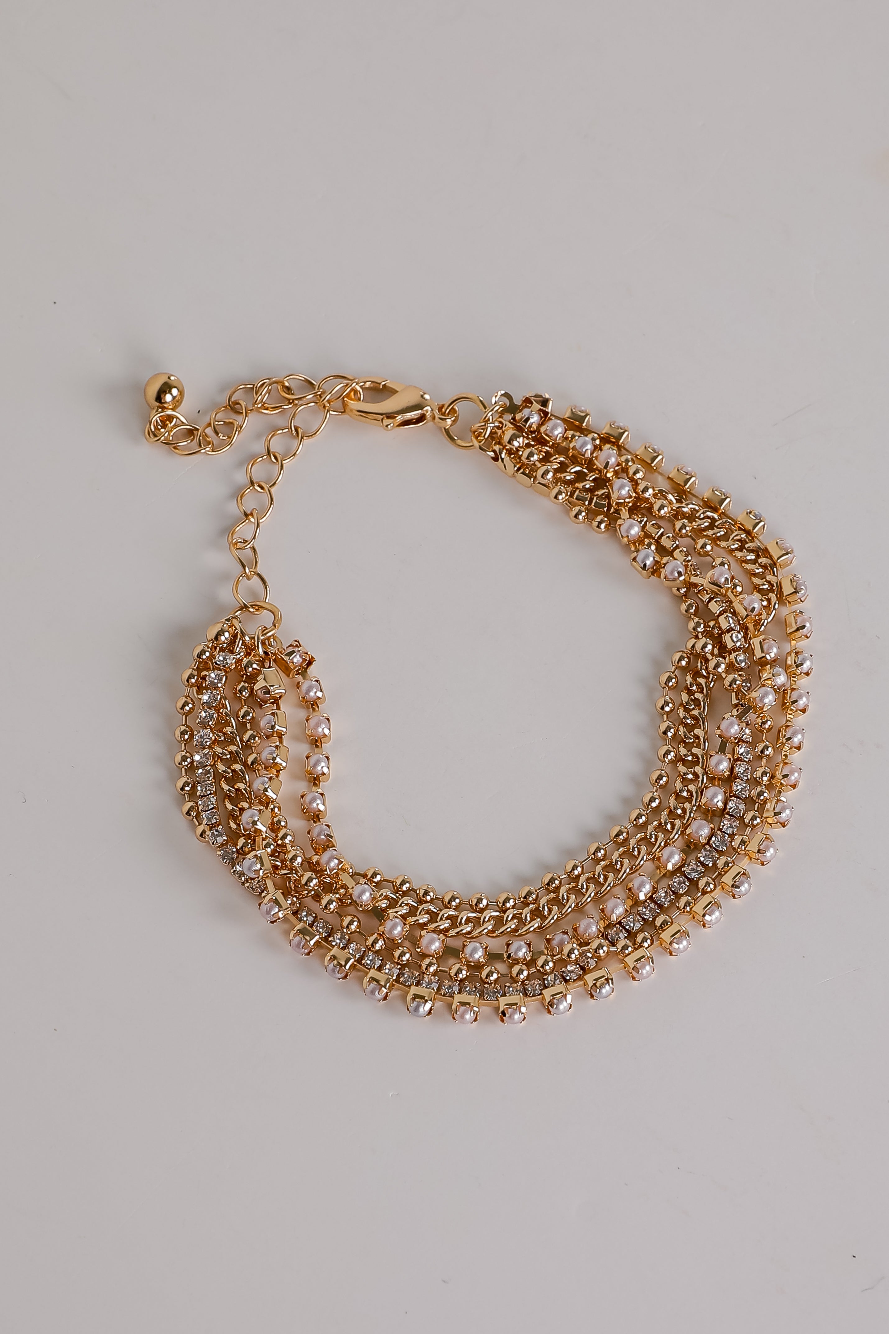 Laura Gold Rhinestone + Pearl Layered Chain Bracelet