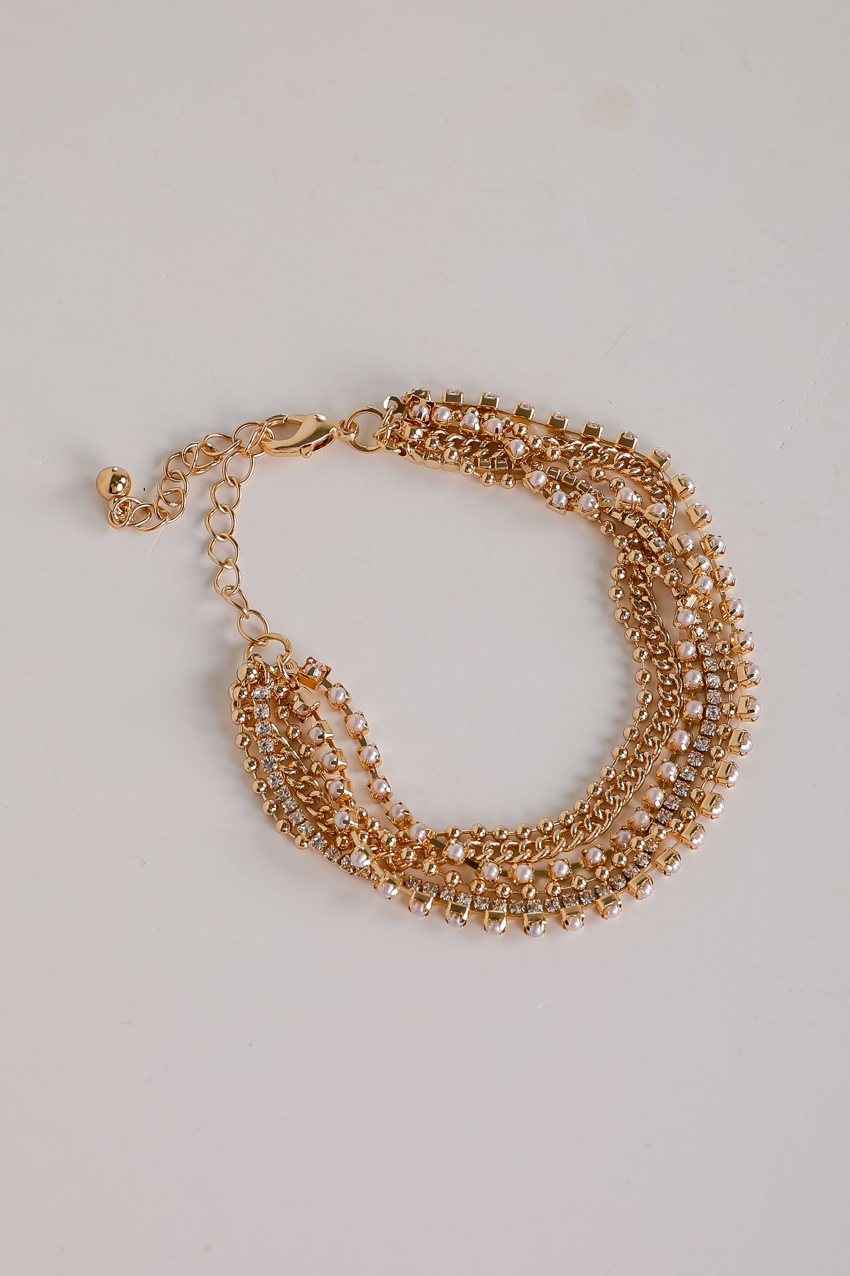 Laura Gold Rhinestone + Pearl Layered Chain Bracelet