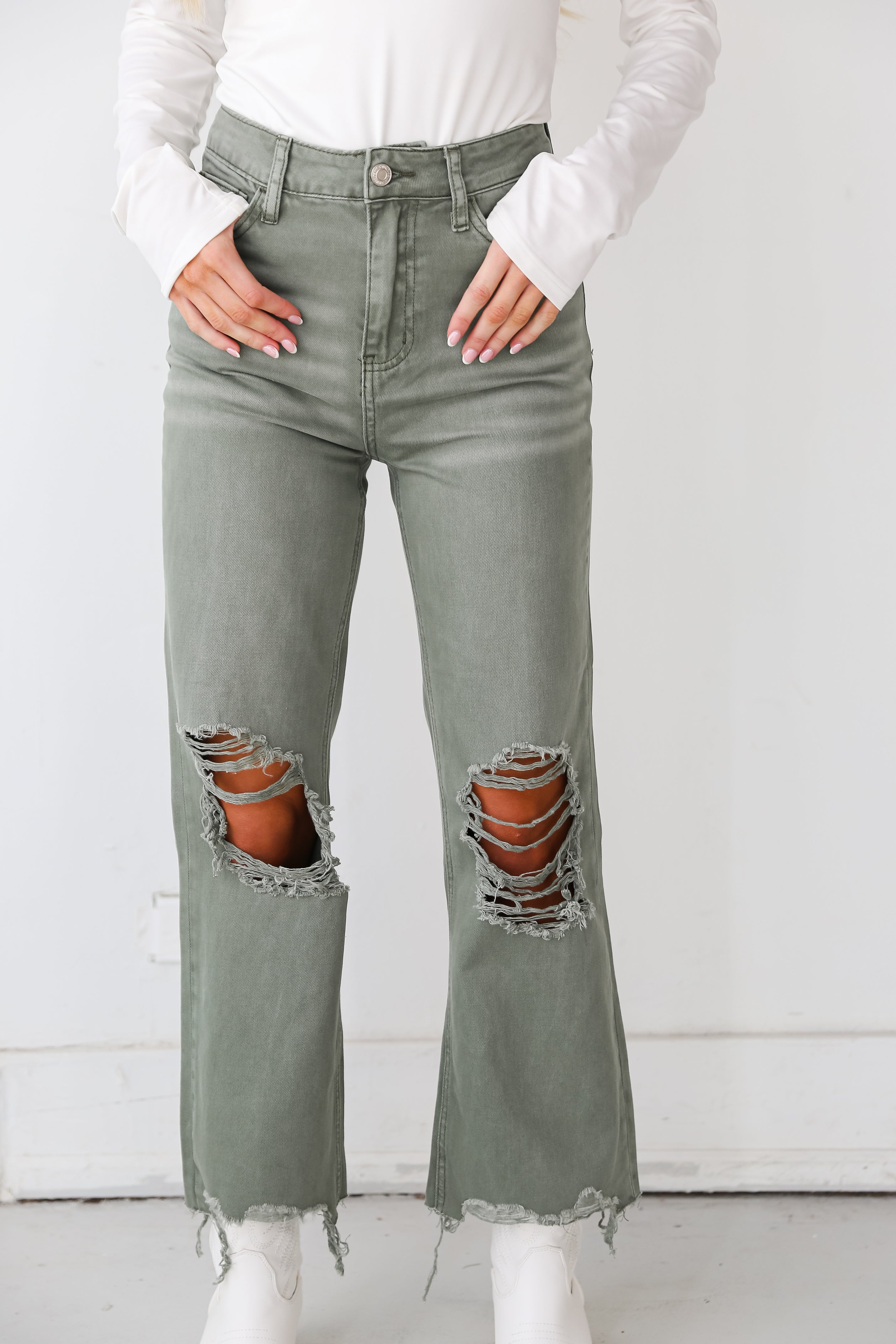 Army Green 90s Vintage Crop Flare Jeans close up