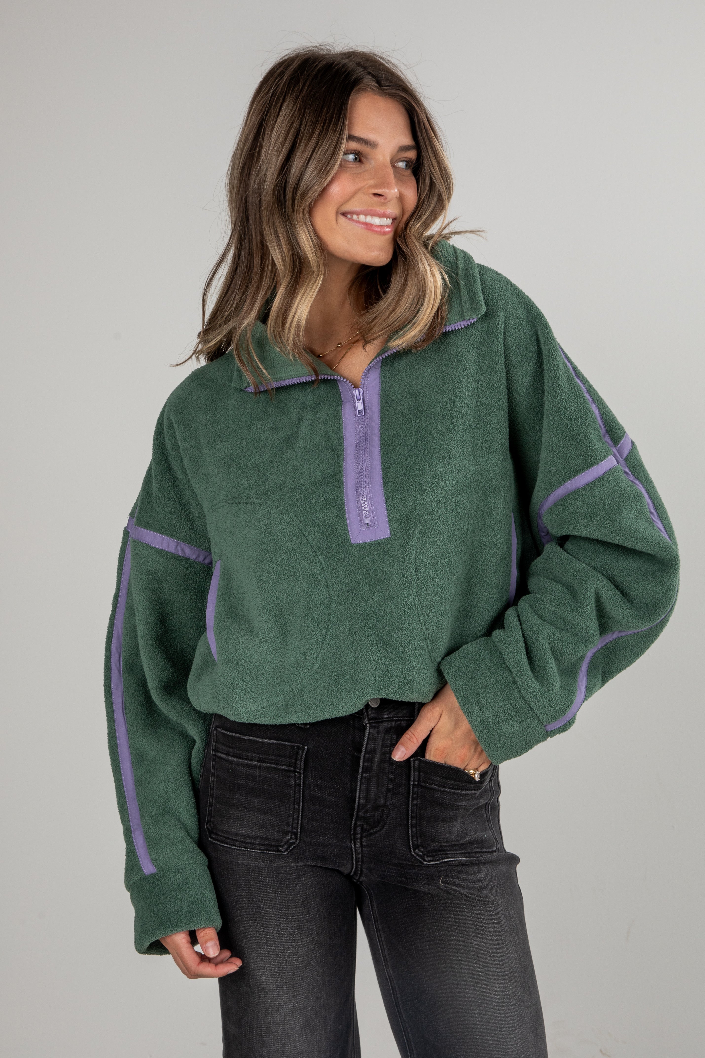 green fleece sweatshirt
