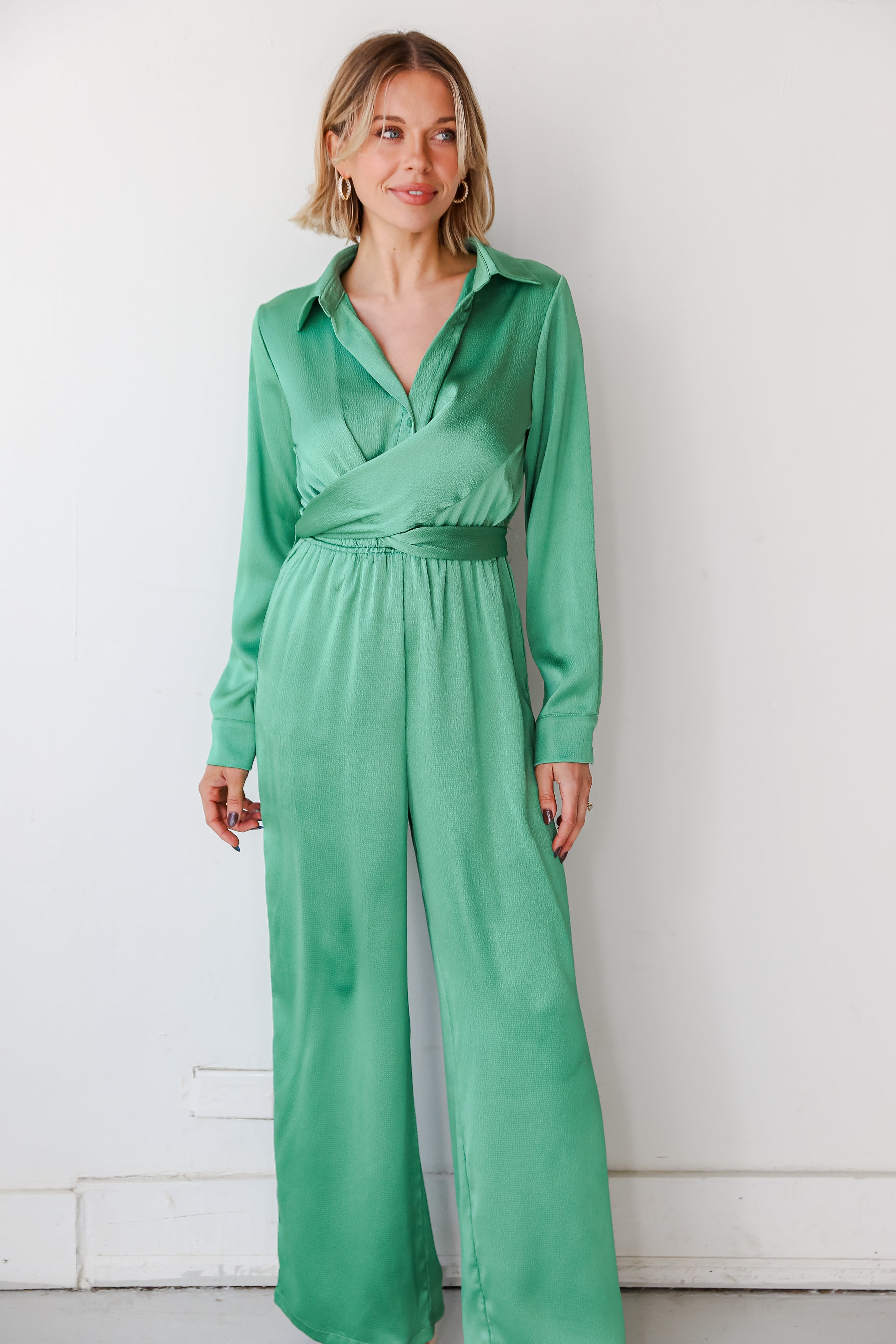 green satin jumpsuit