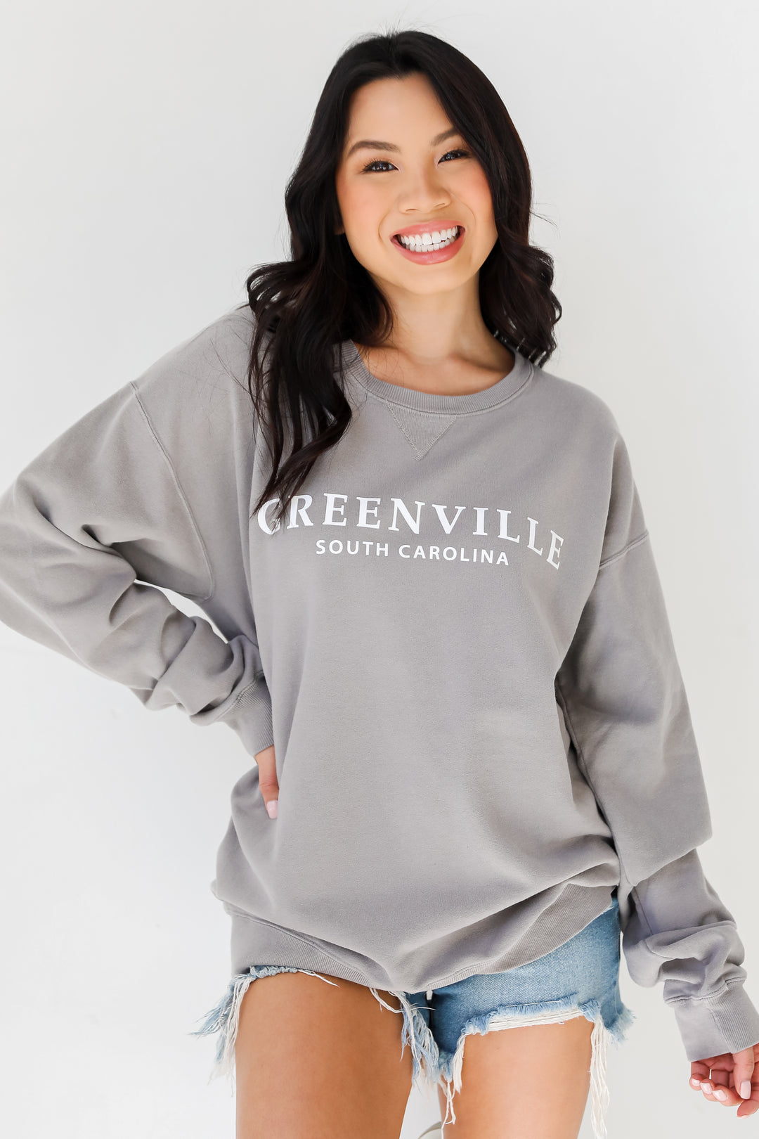 Grey Greenville South Carolina Pullover on dress up model